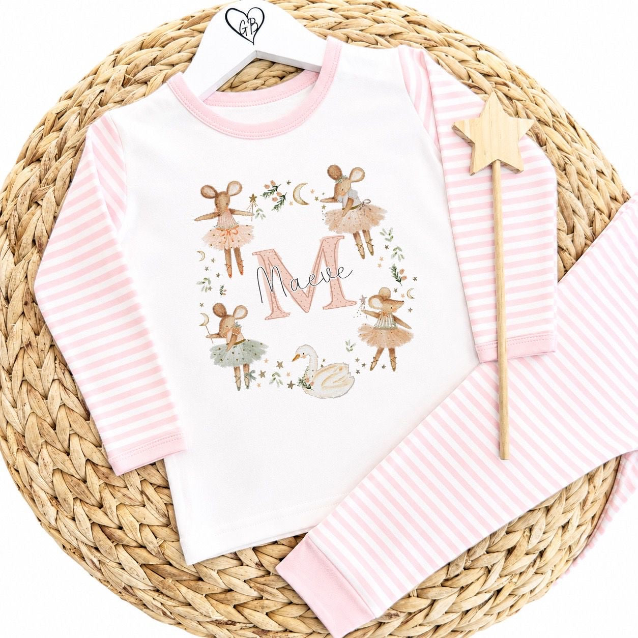 Personalised Girls Gifting Pyjamas Pink Stripe - Mice Wreath Design