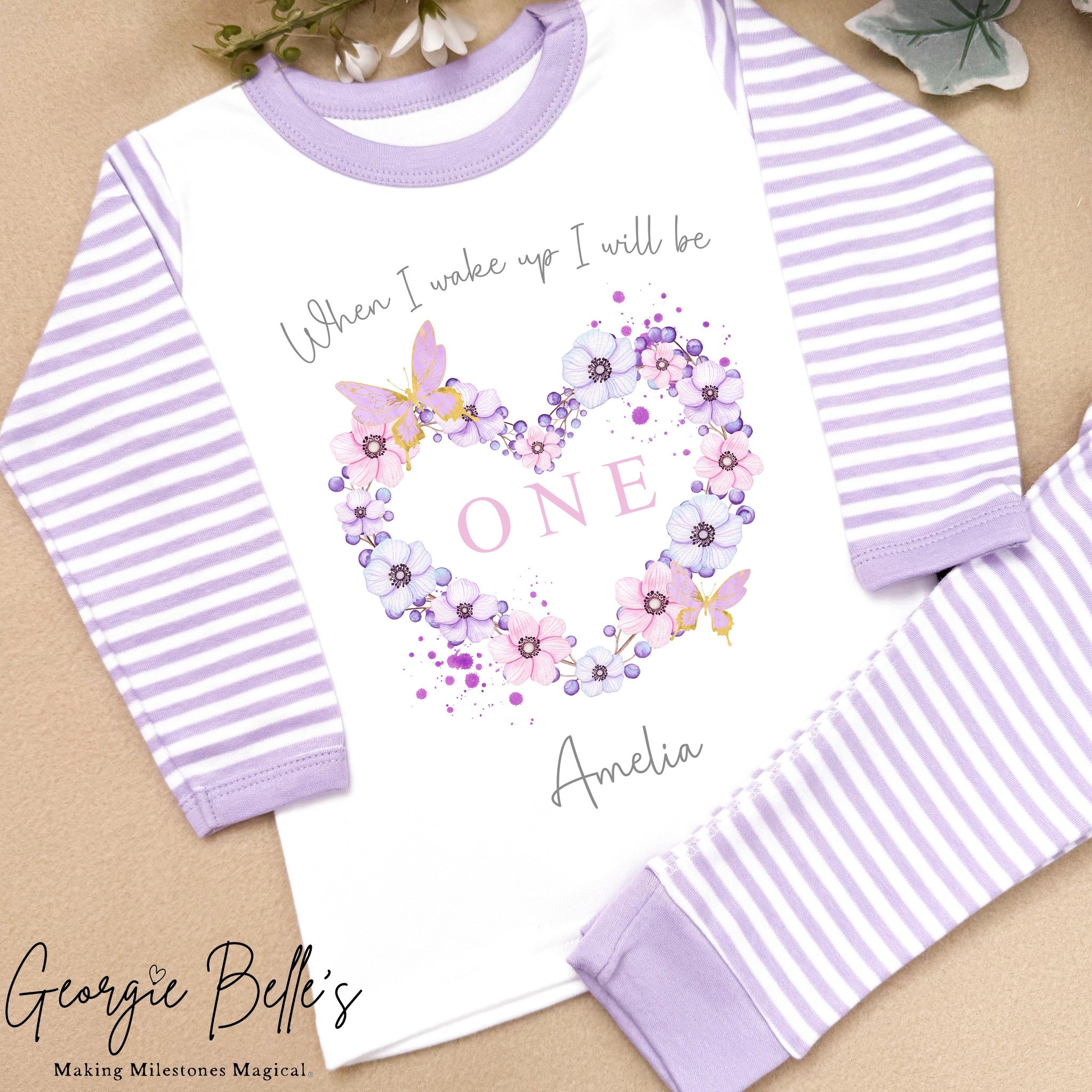 Personalised Lilac Stripe Birthday Pyjamas - Lilac Butterfly Heart Design