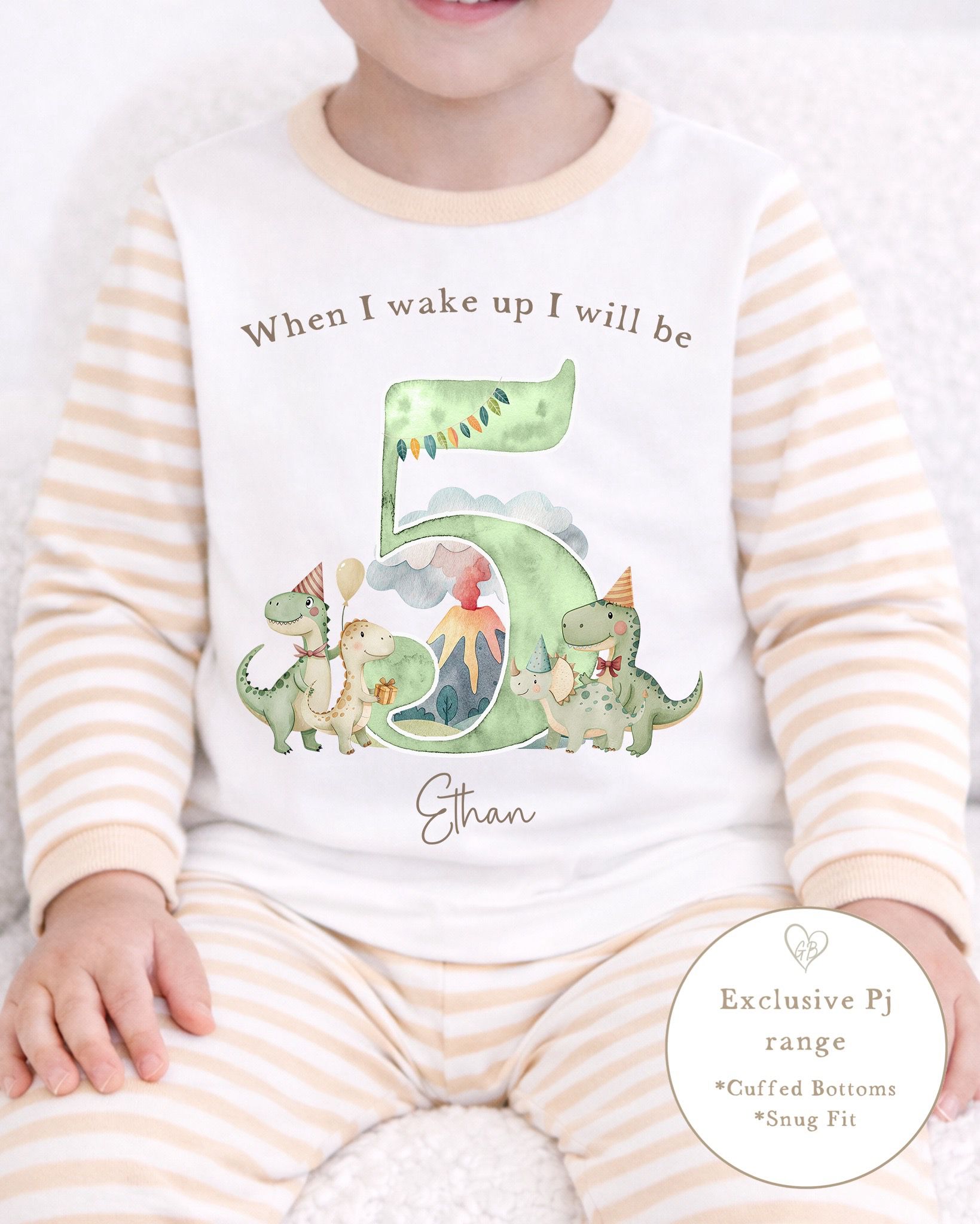 Personalised Beige Stripe Birthday Pyjamas - Dinosaur Number Design