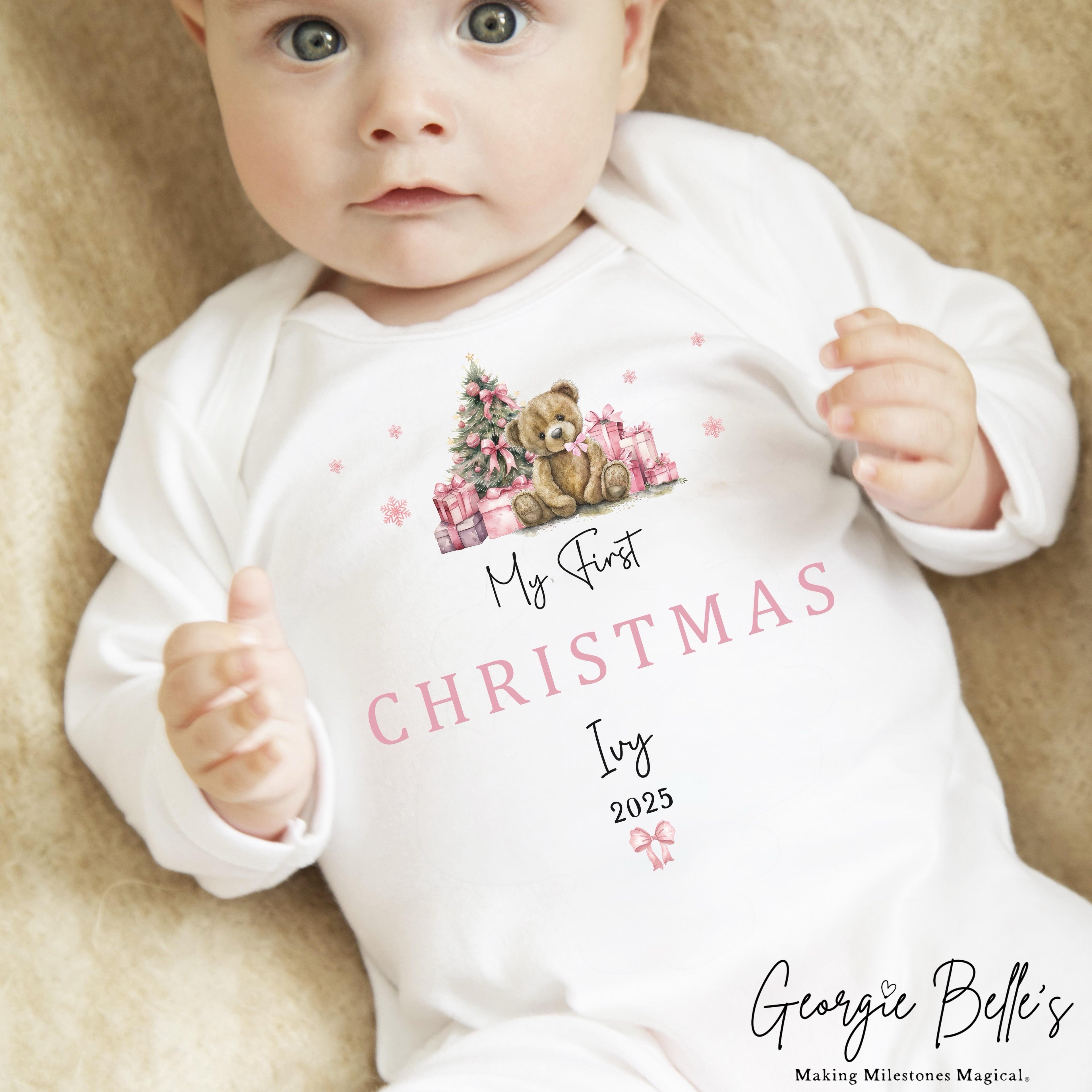 Personalised Christmas Sleepsuit / Bodysuit - First Christmas Pink Teddy Design