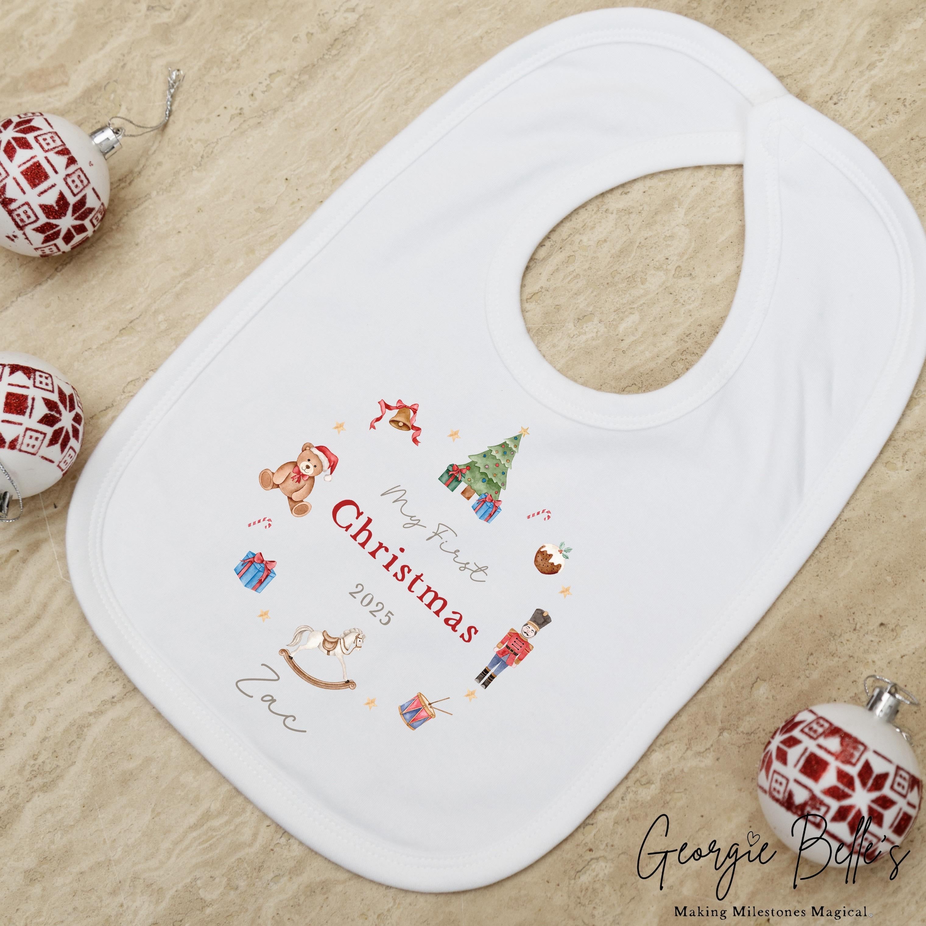 Personalised Christmas Sleepsuit / Bodysuit - First Christmas Red Nutcracker Wreath Design