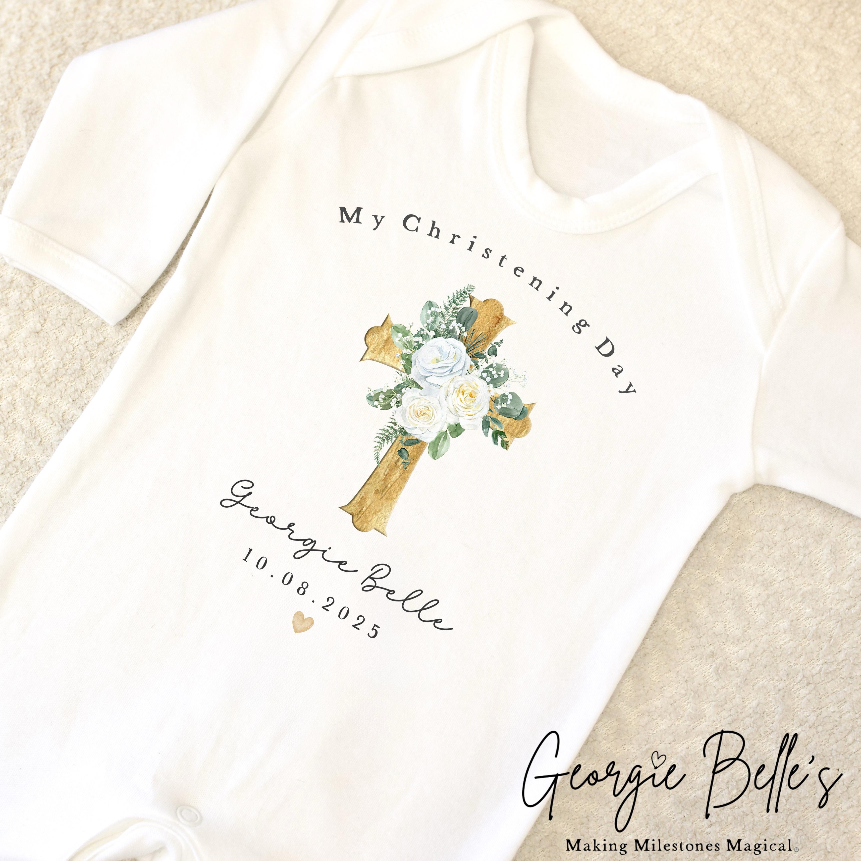 Personalised Christening Babygrow / Vest - Floral Gold Cross Design