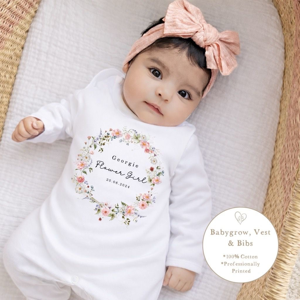 Personalised Flower Girl Babygrow / Short Sleeve Vest - Wildflower Wreath Design