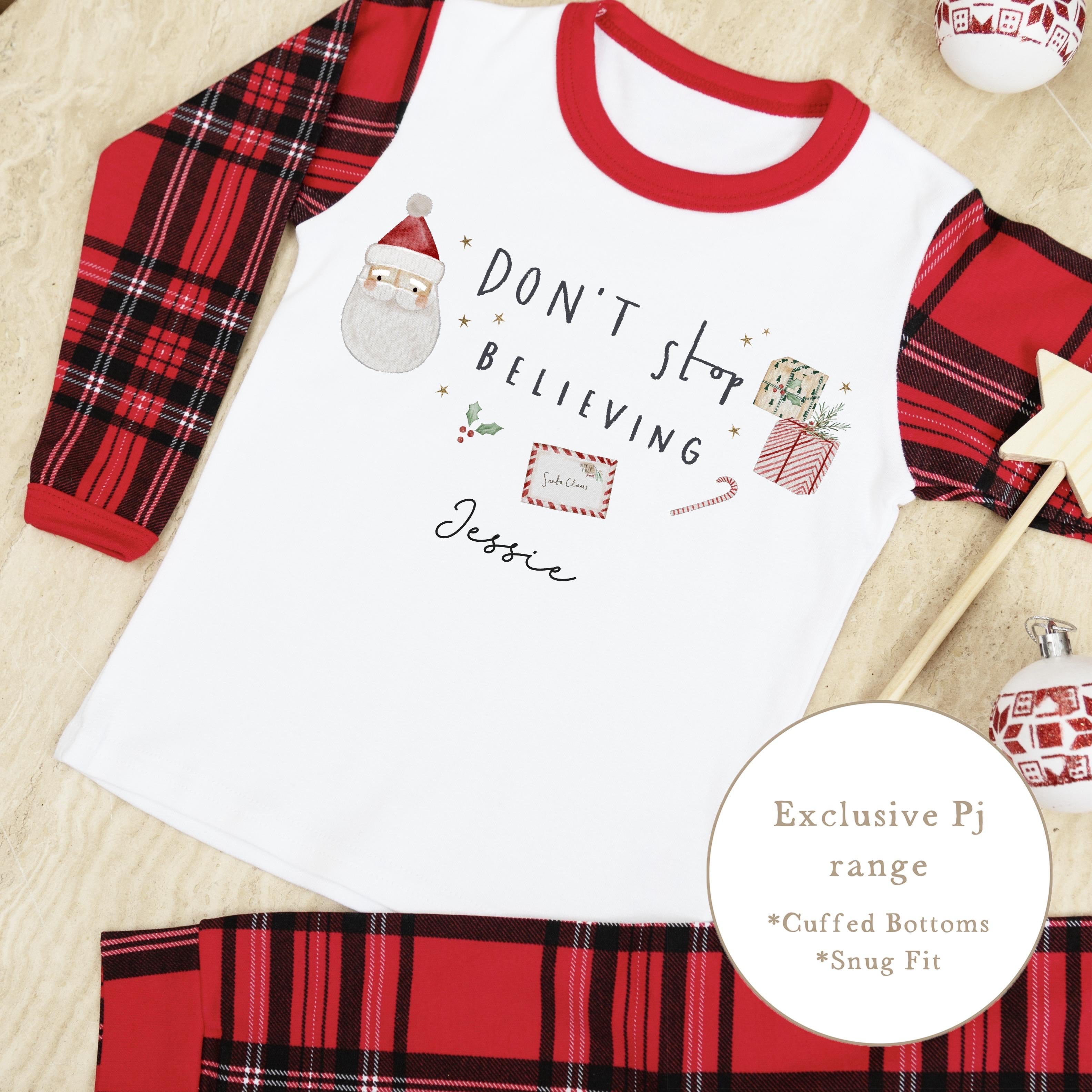 Tartan Family Matching Personalised Christmas Pyjamas - Don’t Stop Beliving Design