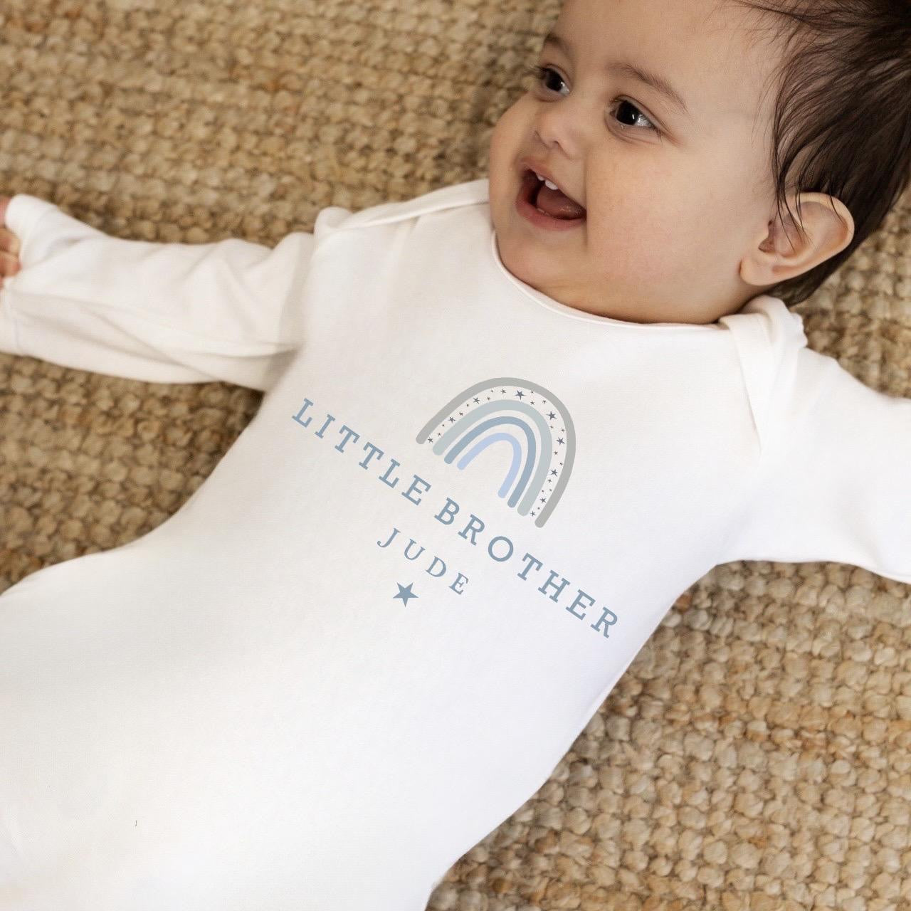 Personalised Little Brother Baby Grow | Little Brother Announcement Vest - Blue/Grey Rainbow Design