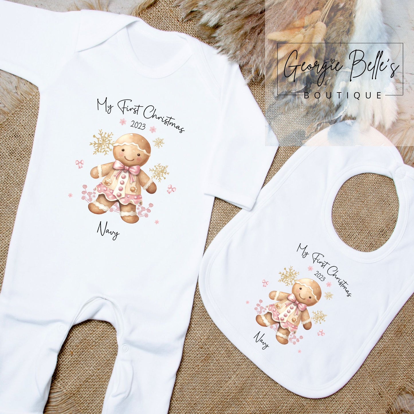 My 1st Christmas Vest / Babygrow - Pink Gingerbread Design