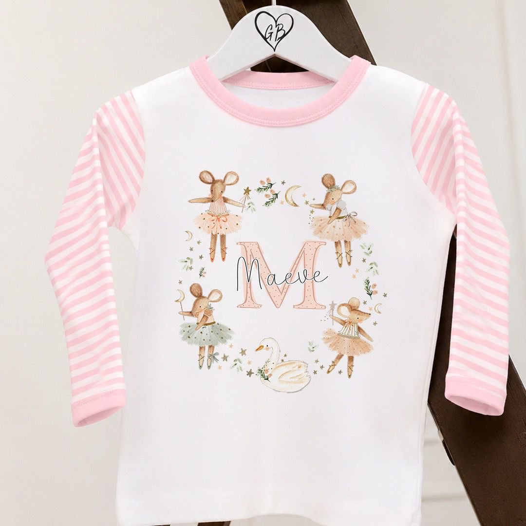 Personalised Girls Gifting Pyjamas Pink Stripe - Mice Wreath Design