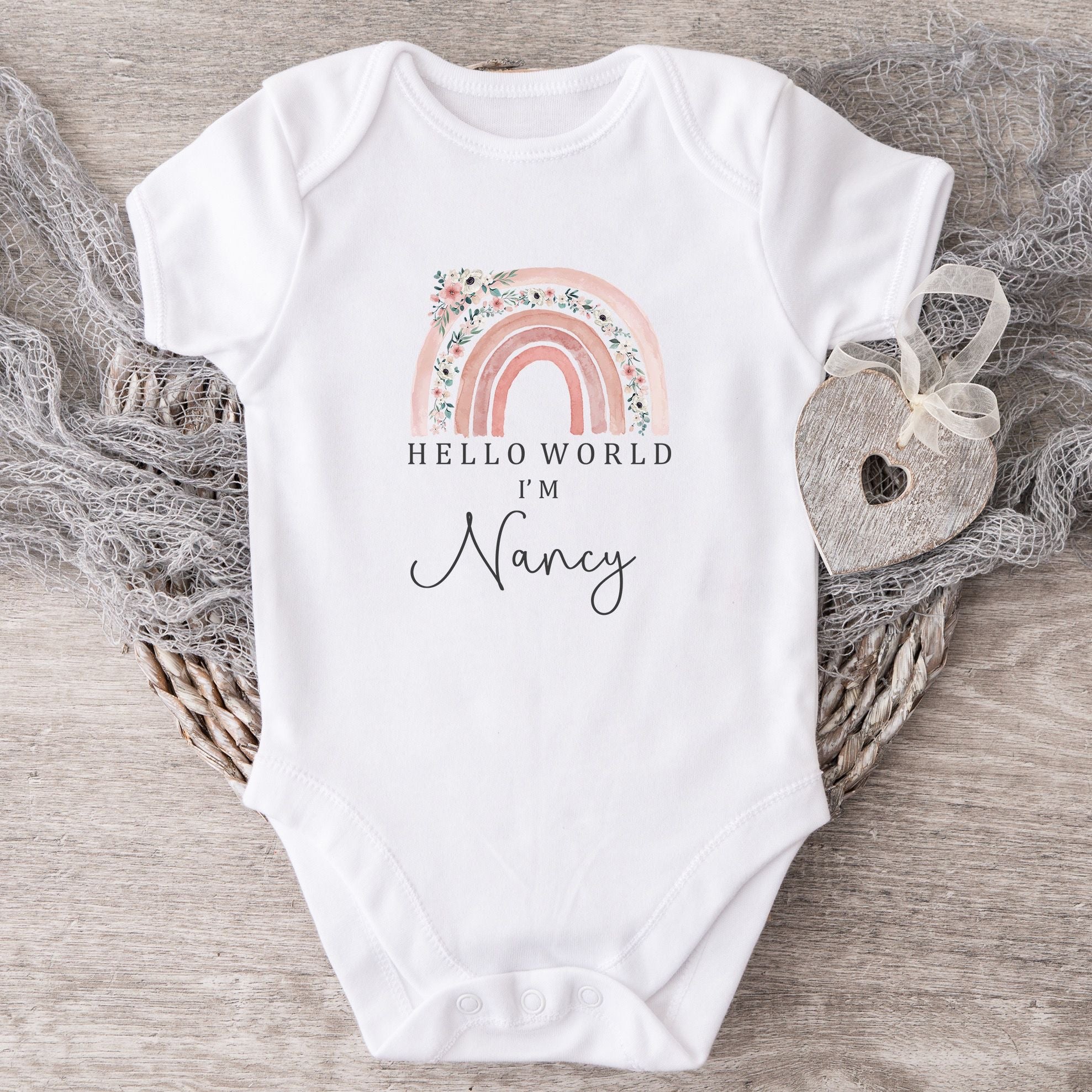 Personalised Baby Announcement Vest Babygrow Hello World Pink Rain
