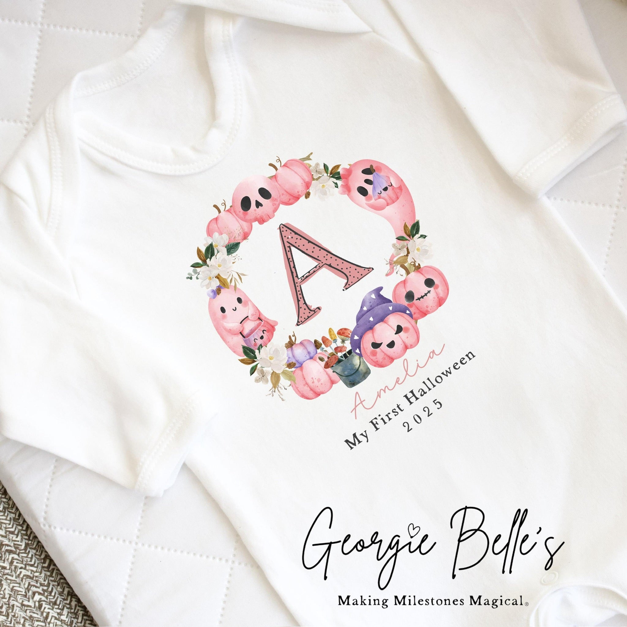 Personalised Halloween Bodysuit / Sleepsuit - My First Pink Wreath Design