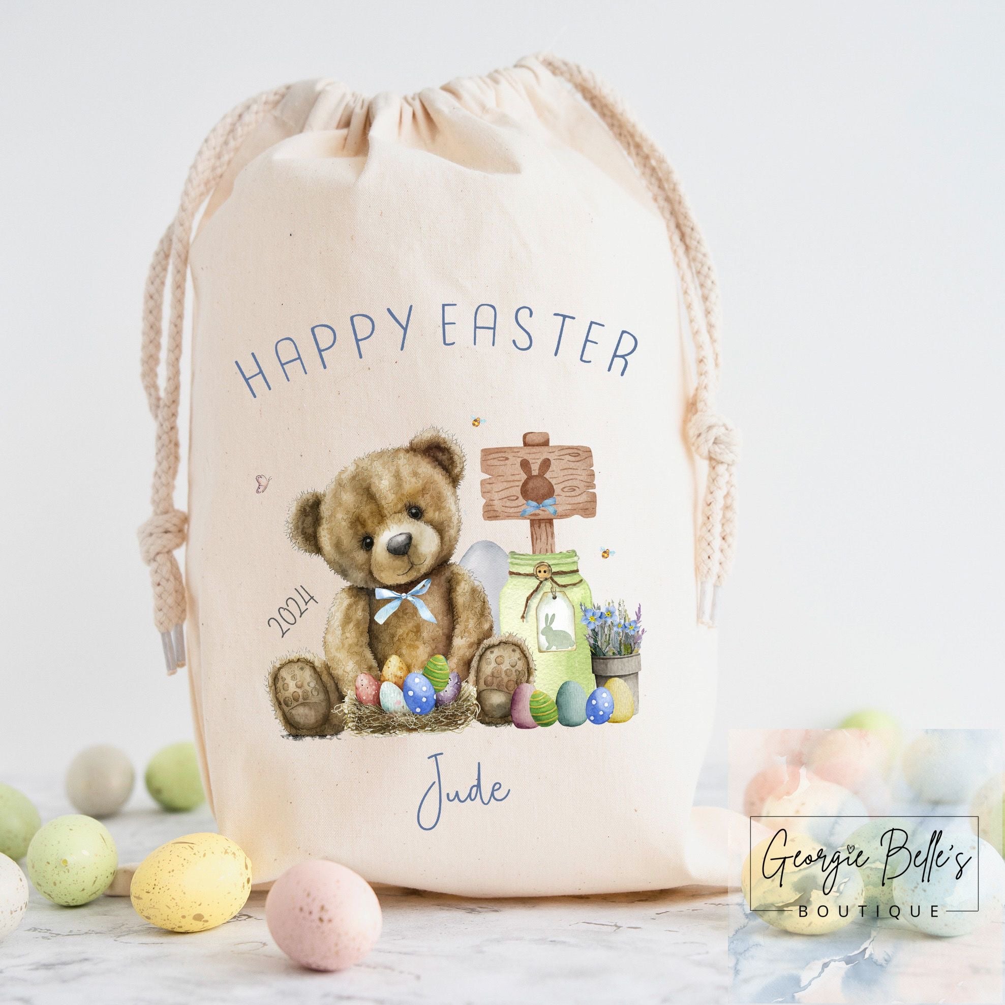 Personalised Easter Treat Sack - Blue Bear Design