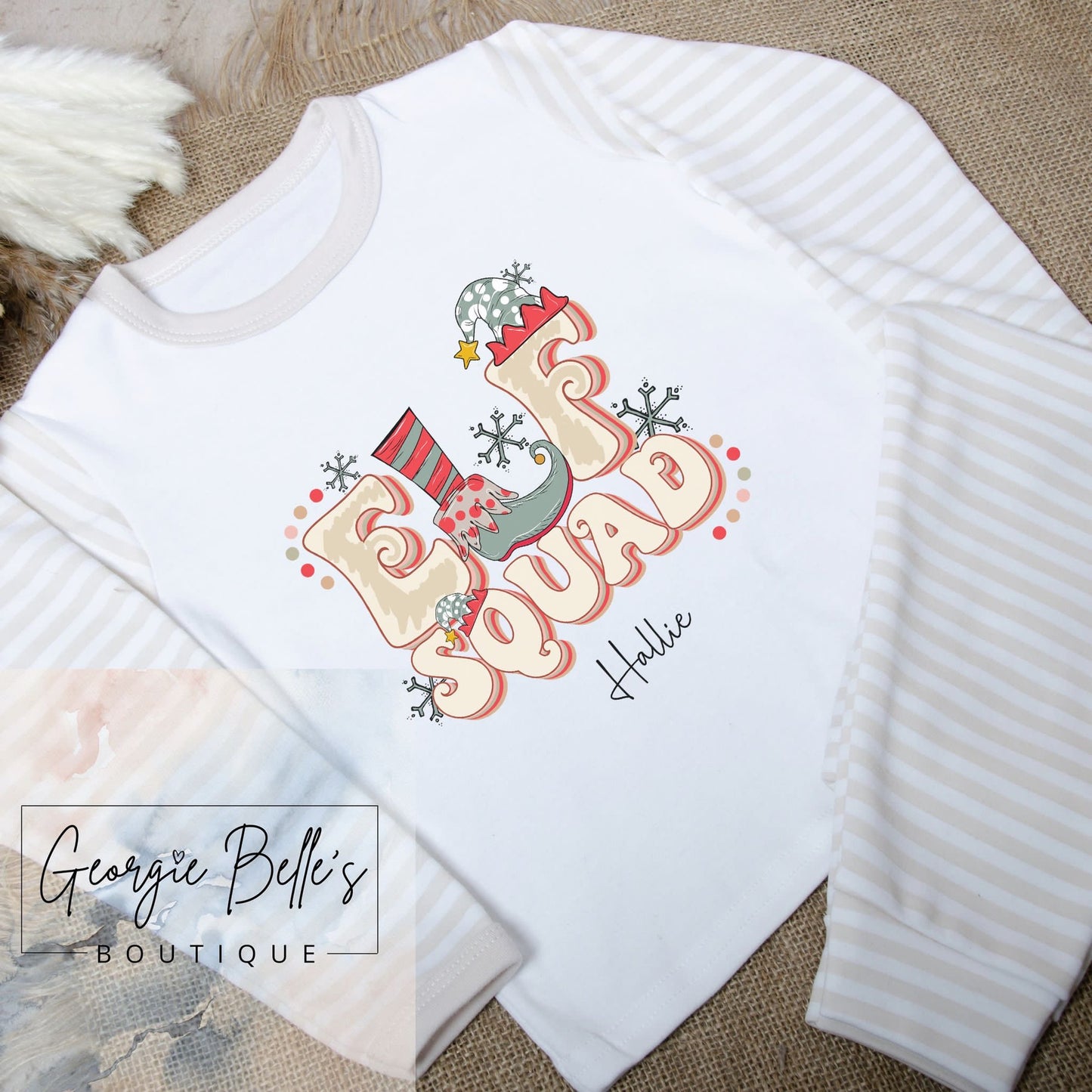 Stone Stripe Sibling Matching Christmas ‘Elf Squad' Personalised Unisex Pyjamas
