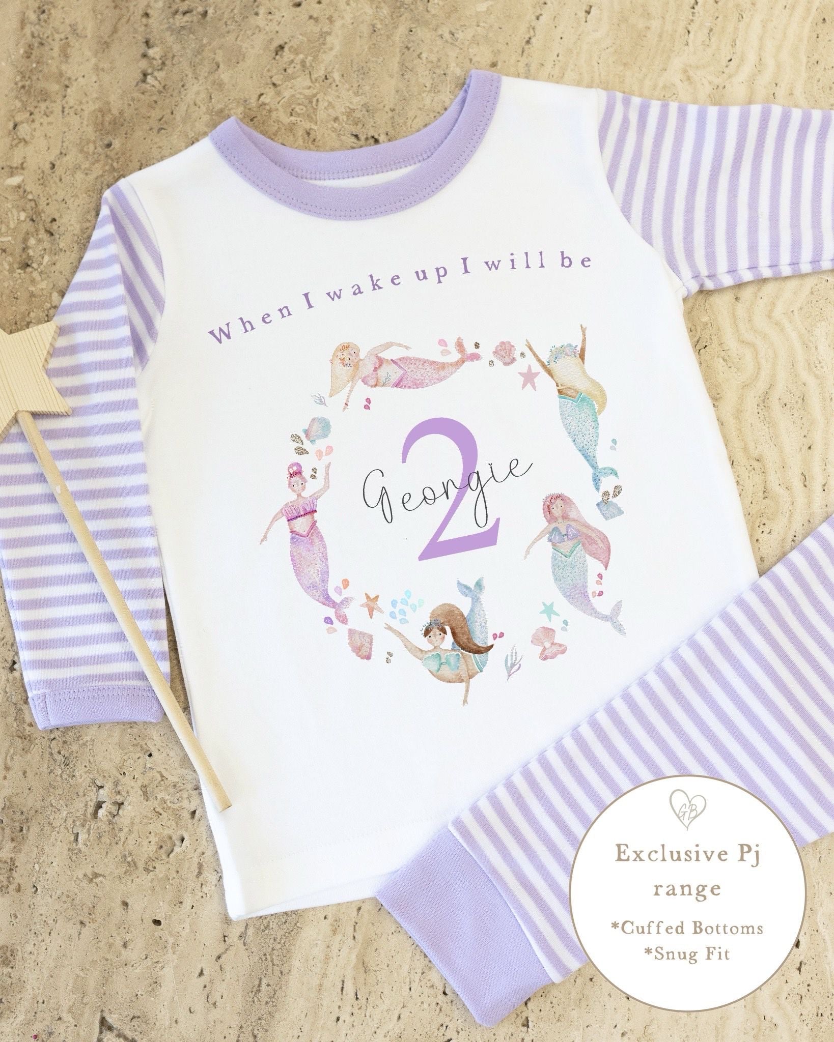 Lilac & White Striped Personalised Birthday Pyjamas - Lilac Mermaid Wreth Design