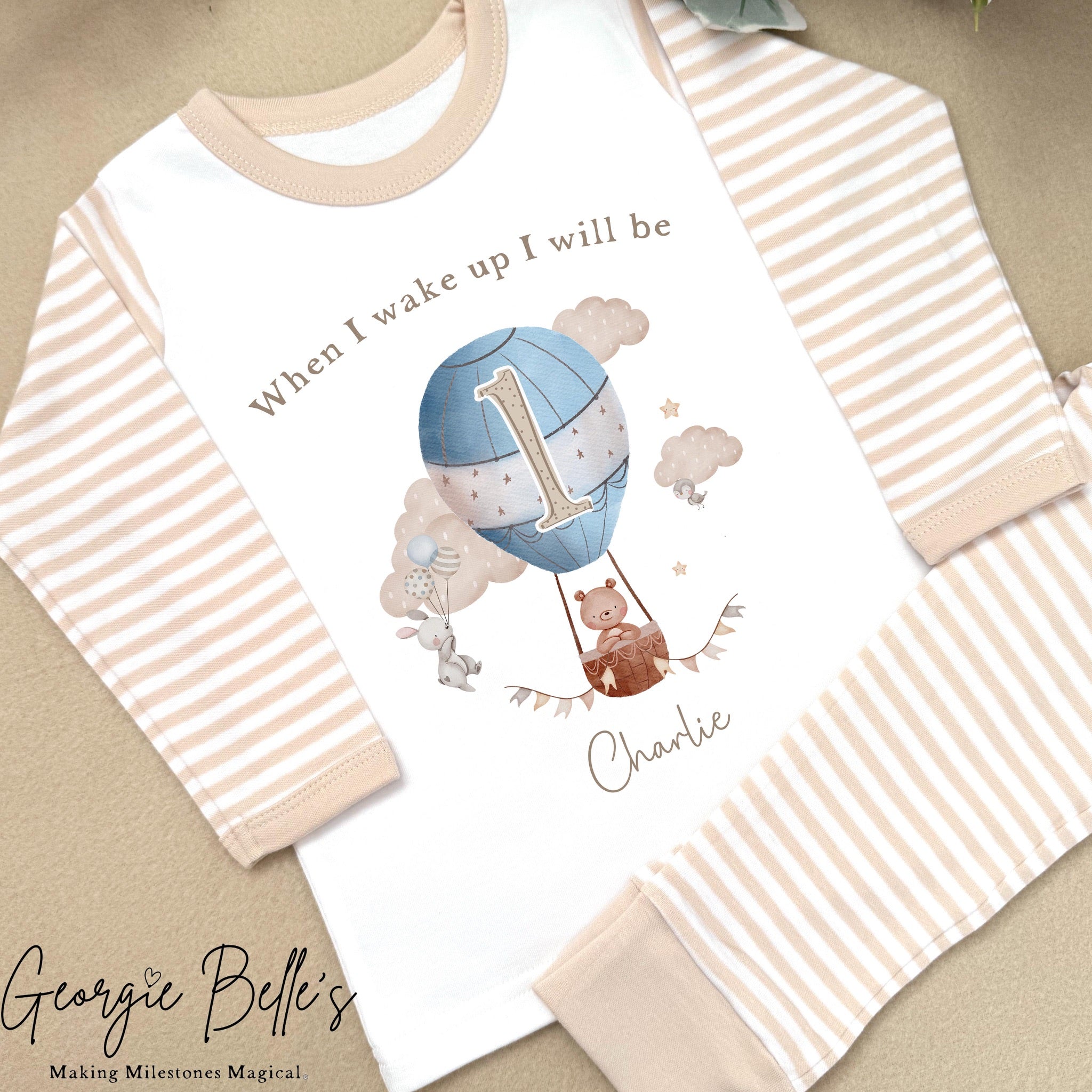 Personalised Beige Stripe Birthday Pyjamas - Beige Hot Air Balloon Design