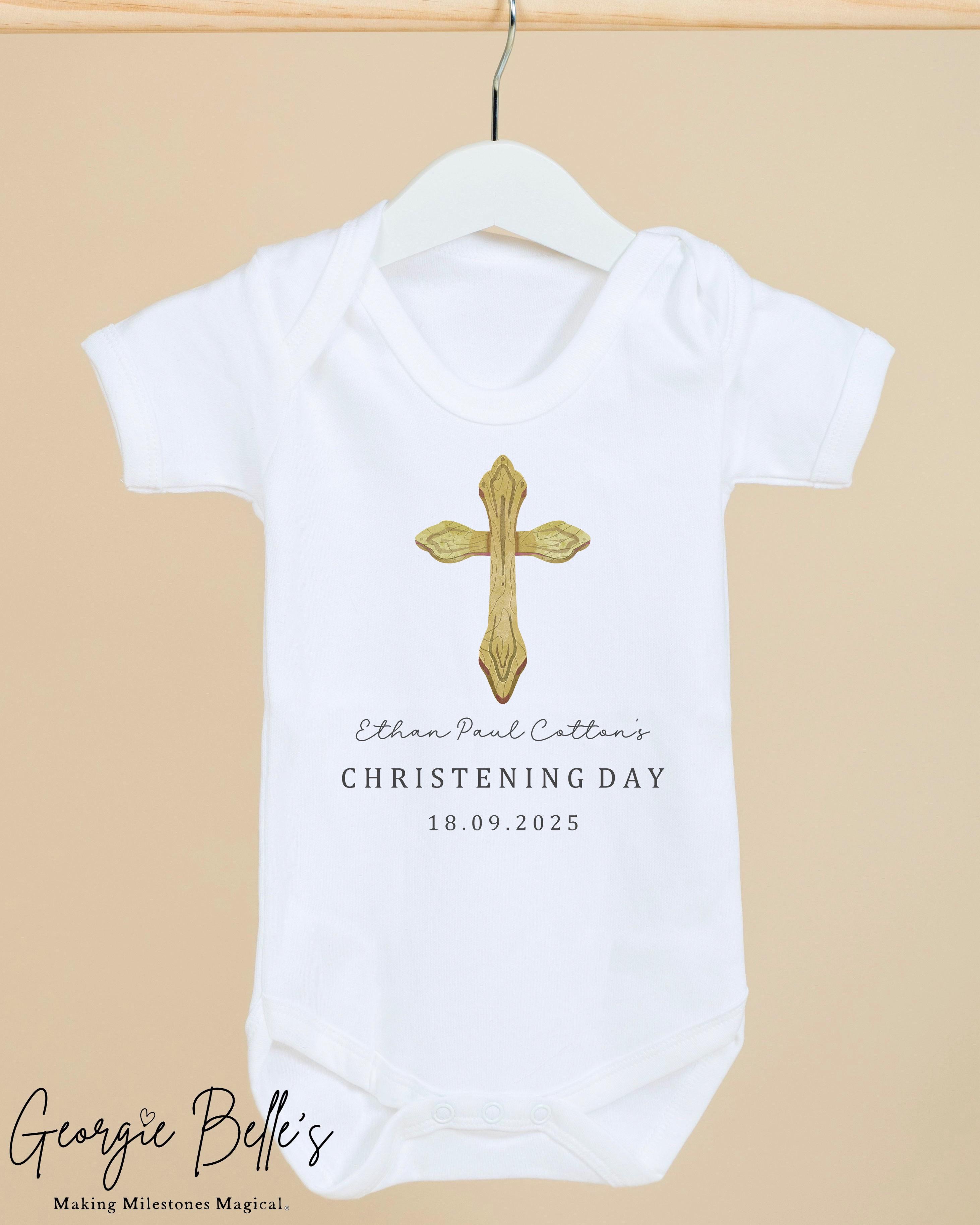 Personalised Christening Babygrow / Vest - Gold Cross Design