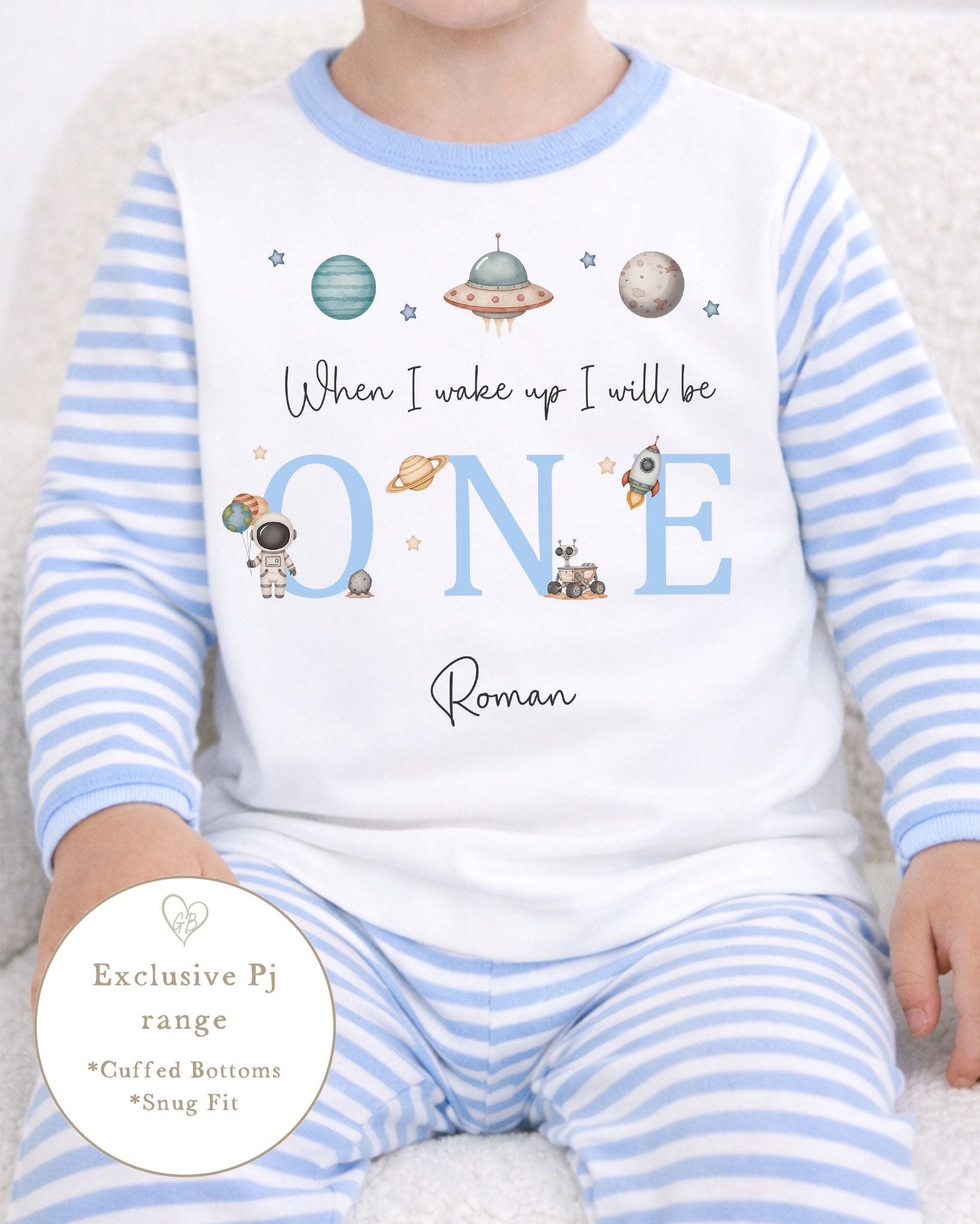Personalised Blue Stripe Birthday Pyjamas - Space Trio Design