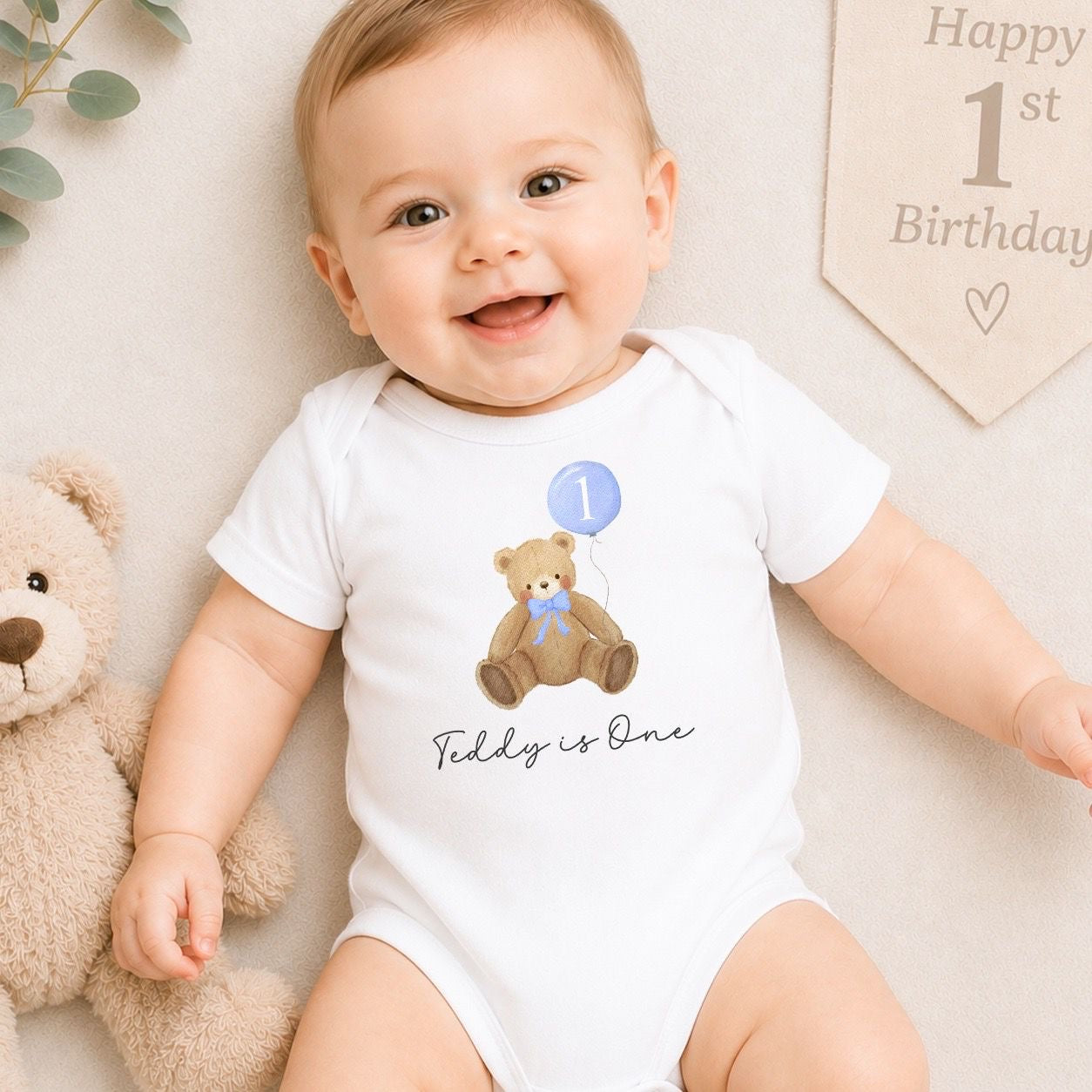 Personalised First Birthday Baby Vest | 1st Birthday Outfit - Blue Teddy Design