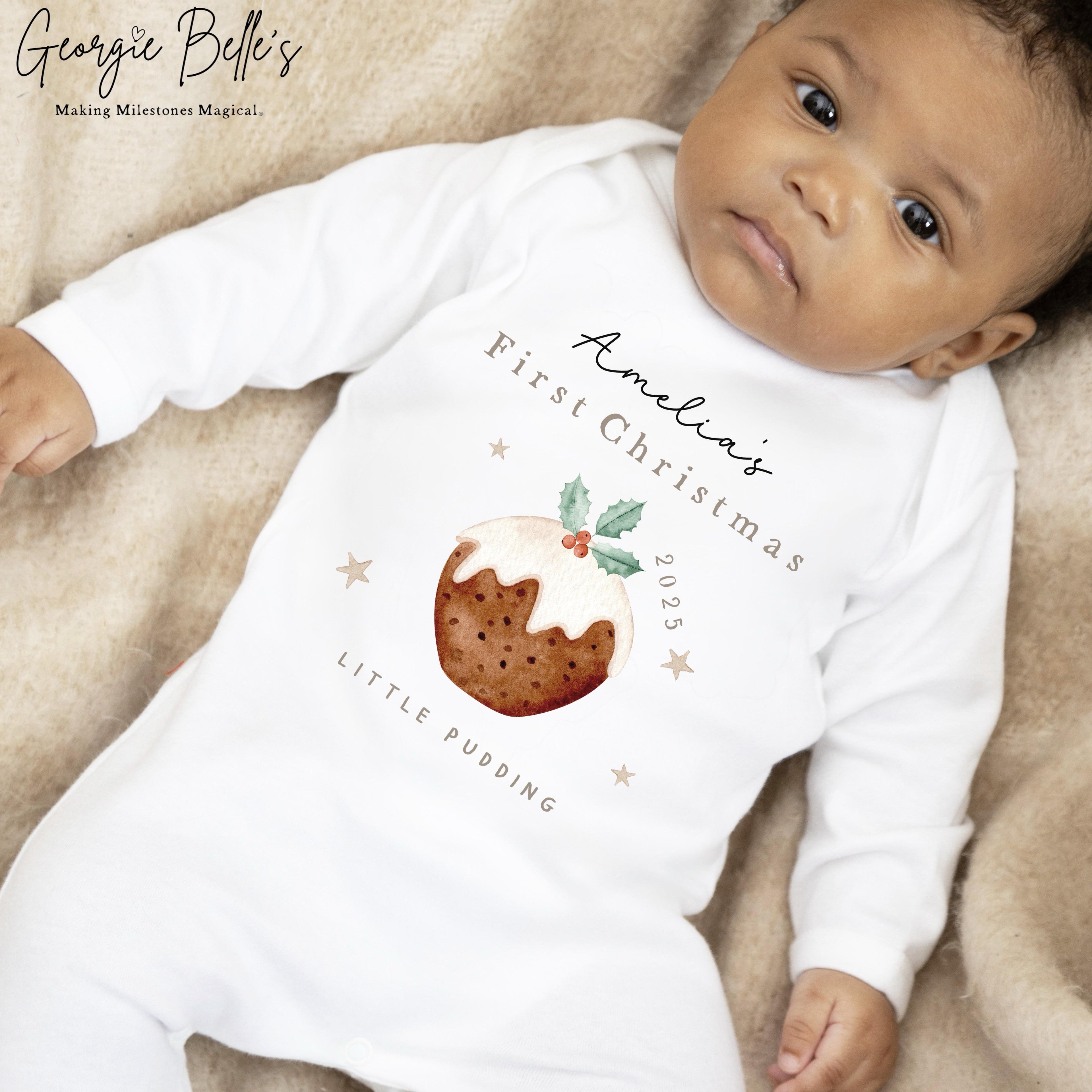 Personalised Christmas Sleepsuit / Bodysuit - First Christmas Little Pudding Design