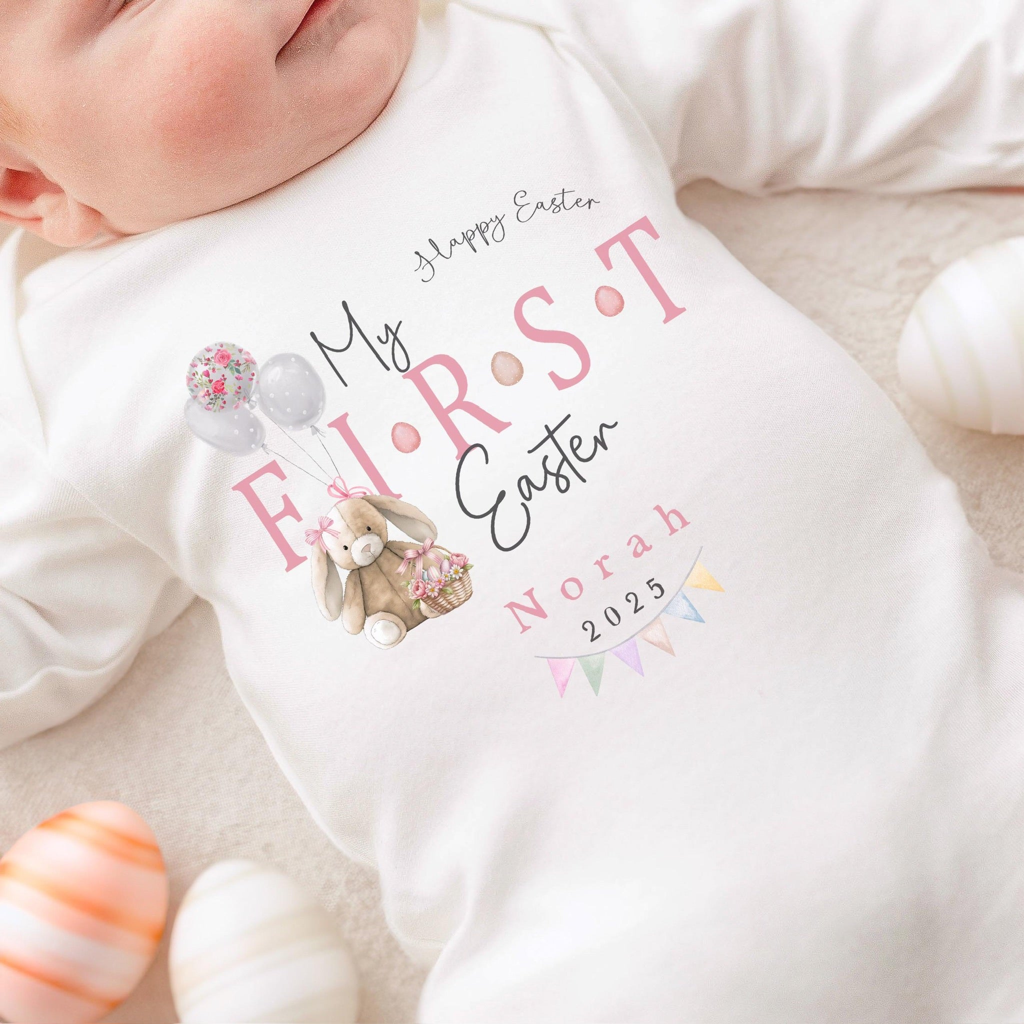 Personalised Easter Baby Vest / Babygrow - First Easter Pink Bunny Design