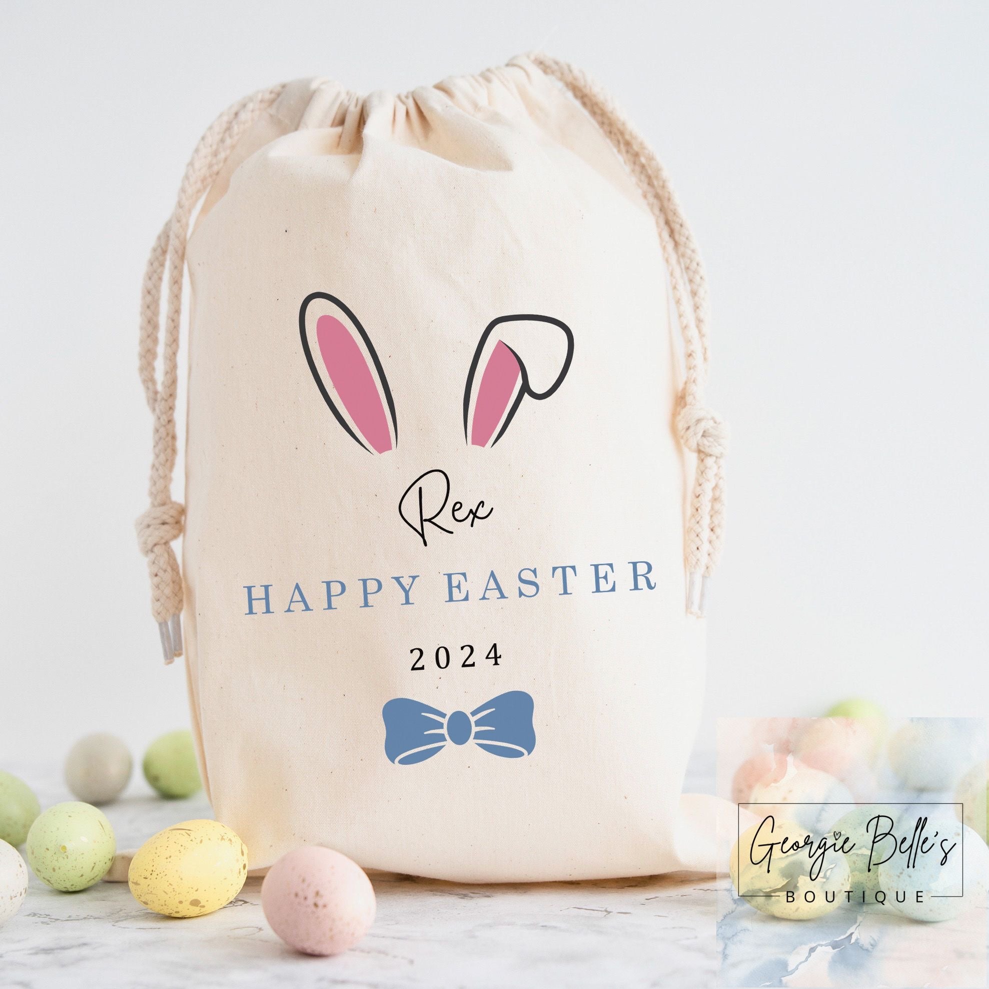 Personalised Easter Treat Sack - Blue Bunny Ears Design