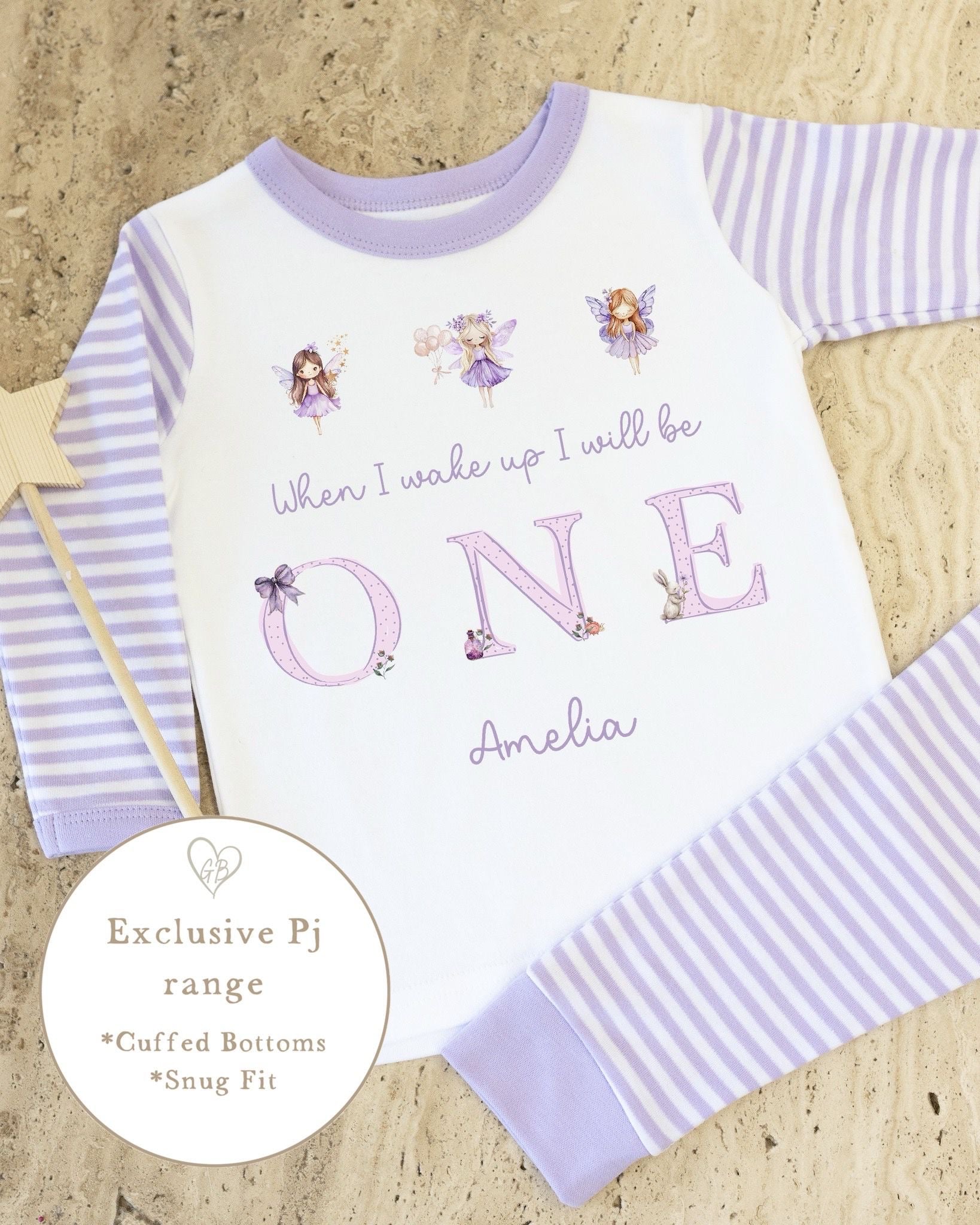 Lilac & White Striped Personalised Birthday Pyjamas - Lilac Fairy Word Design