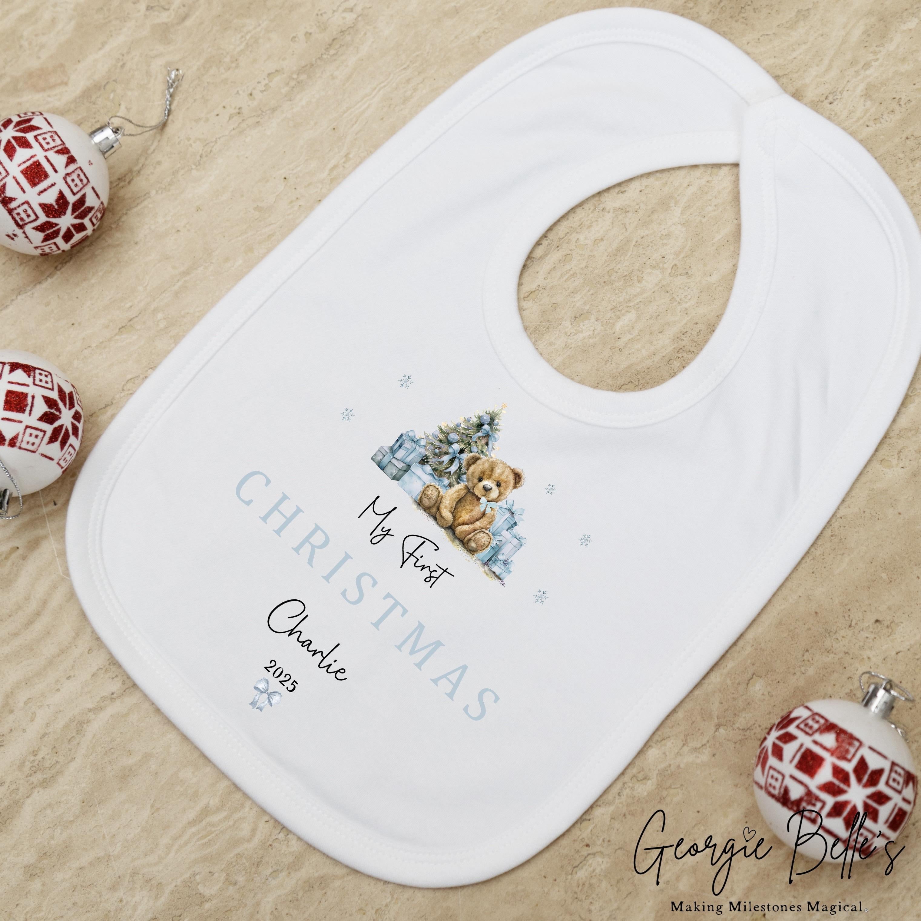 Personalised Christmas Sleepsuit / Bodysuit - First Christmas Blue Teddy Design