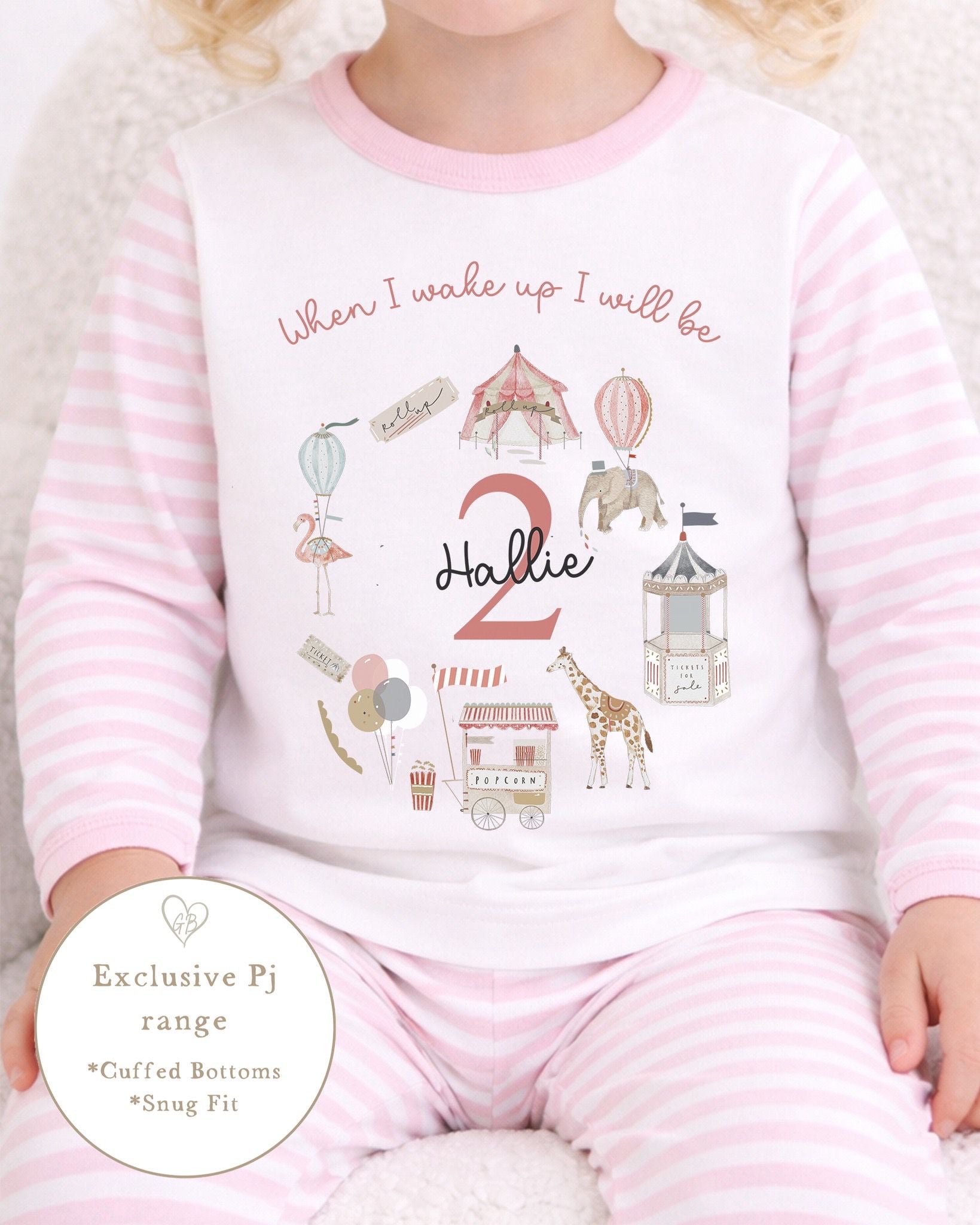 Personalised Pink Stripe Birthday Pyjamas - Circus Wreath Design