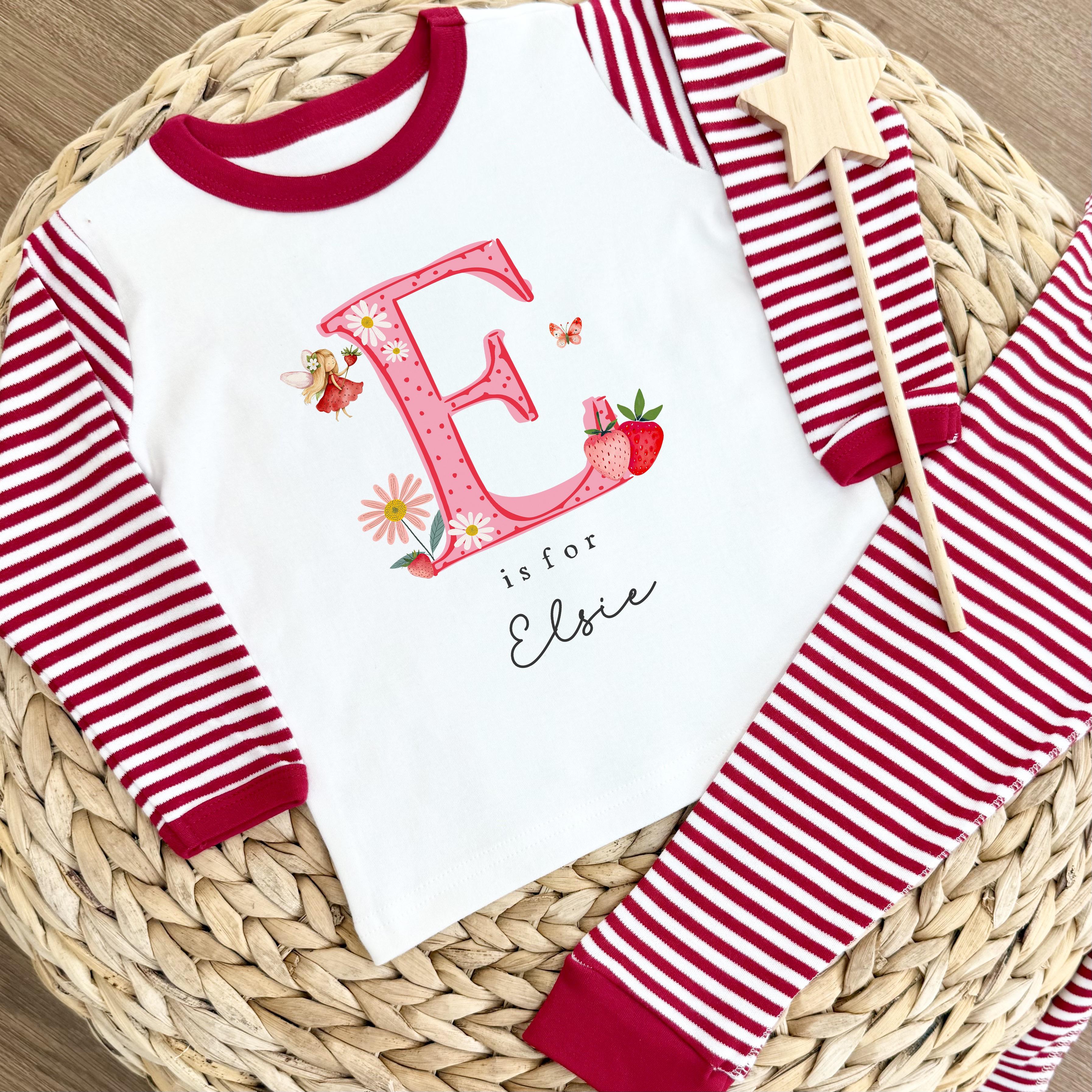 Personalised Gifting Pyjamas Red Stripe - Strawberry Initial Design
