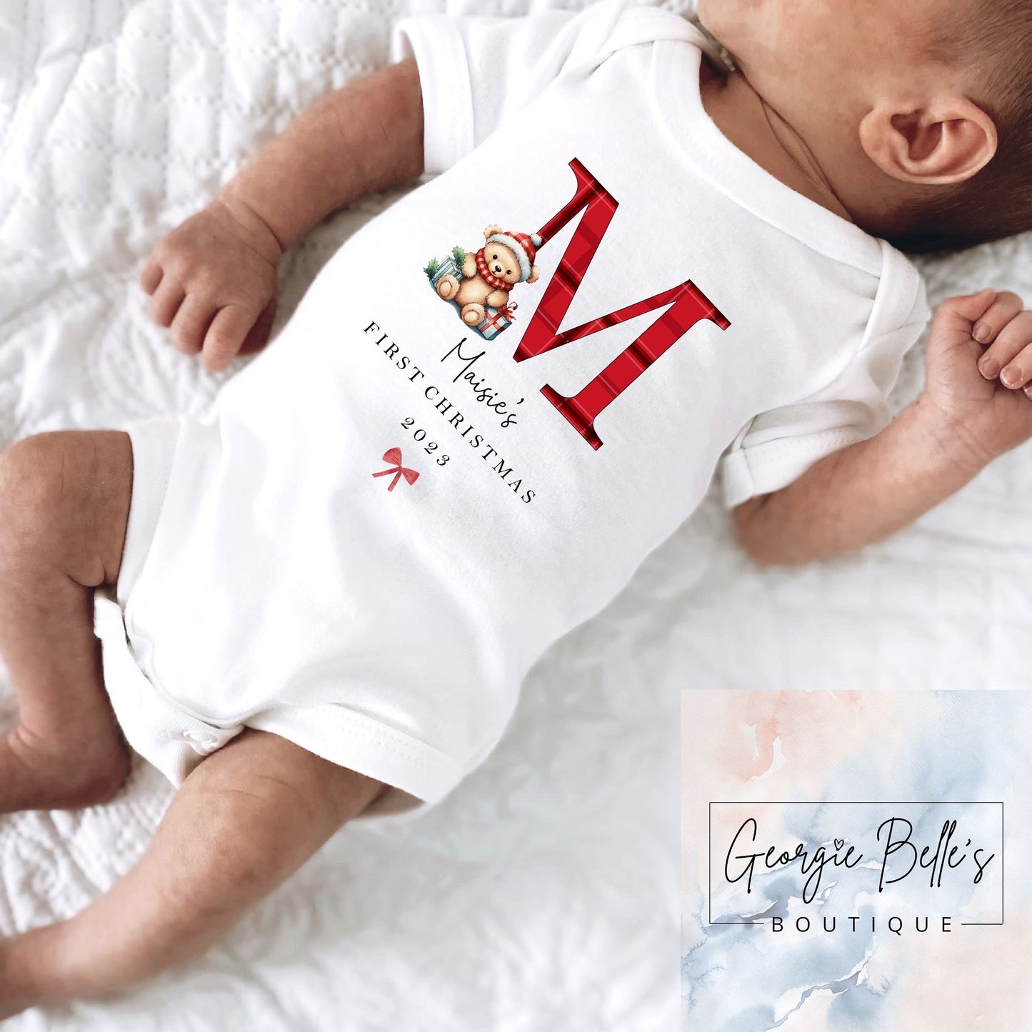 My 1st Christmas Vest / Babygrow - Tartan Initial Teddy Bear Design