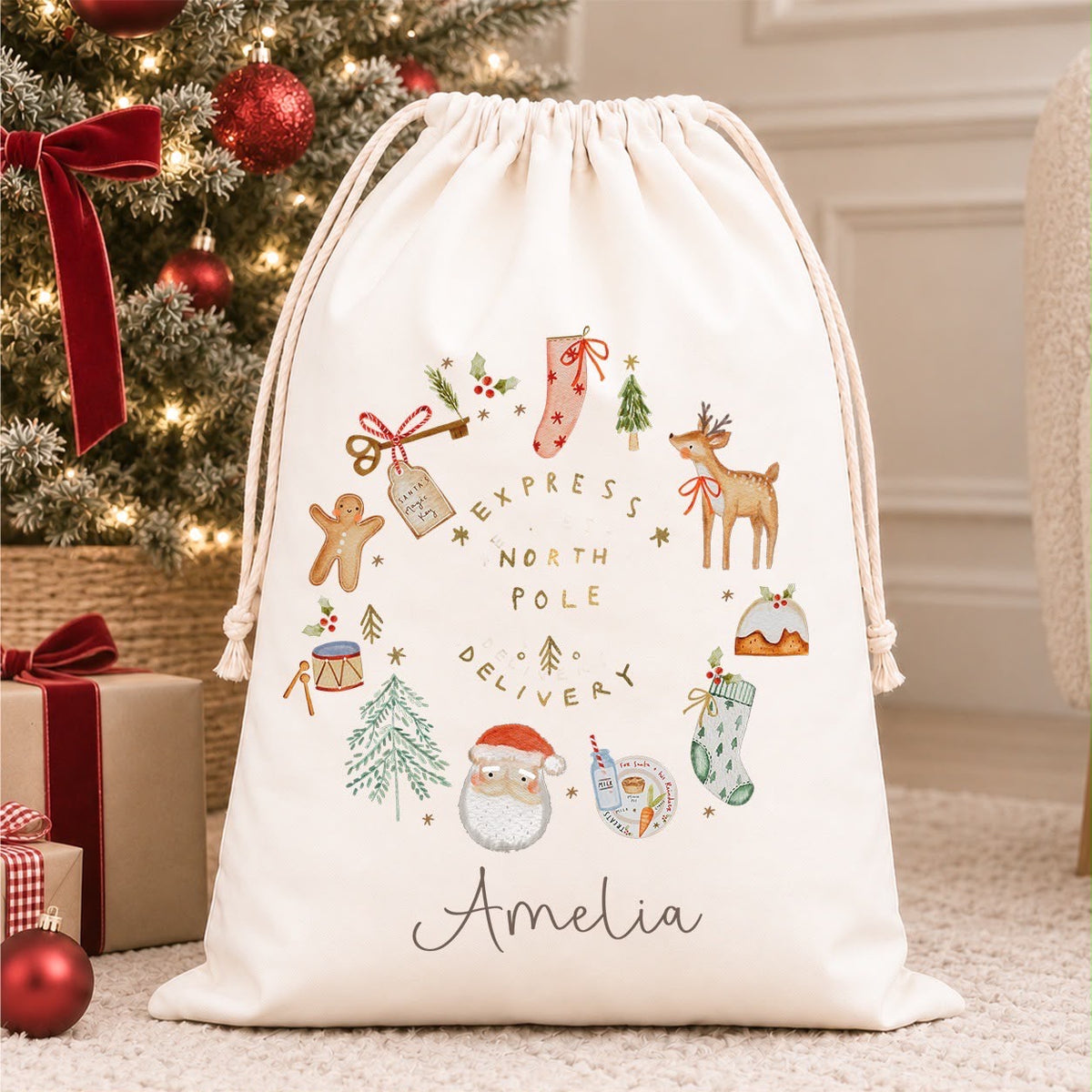 Luxury Personalised Premium Cotton Christmas Sack | Personalised Santa Sack | North Pole Wreath Design