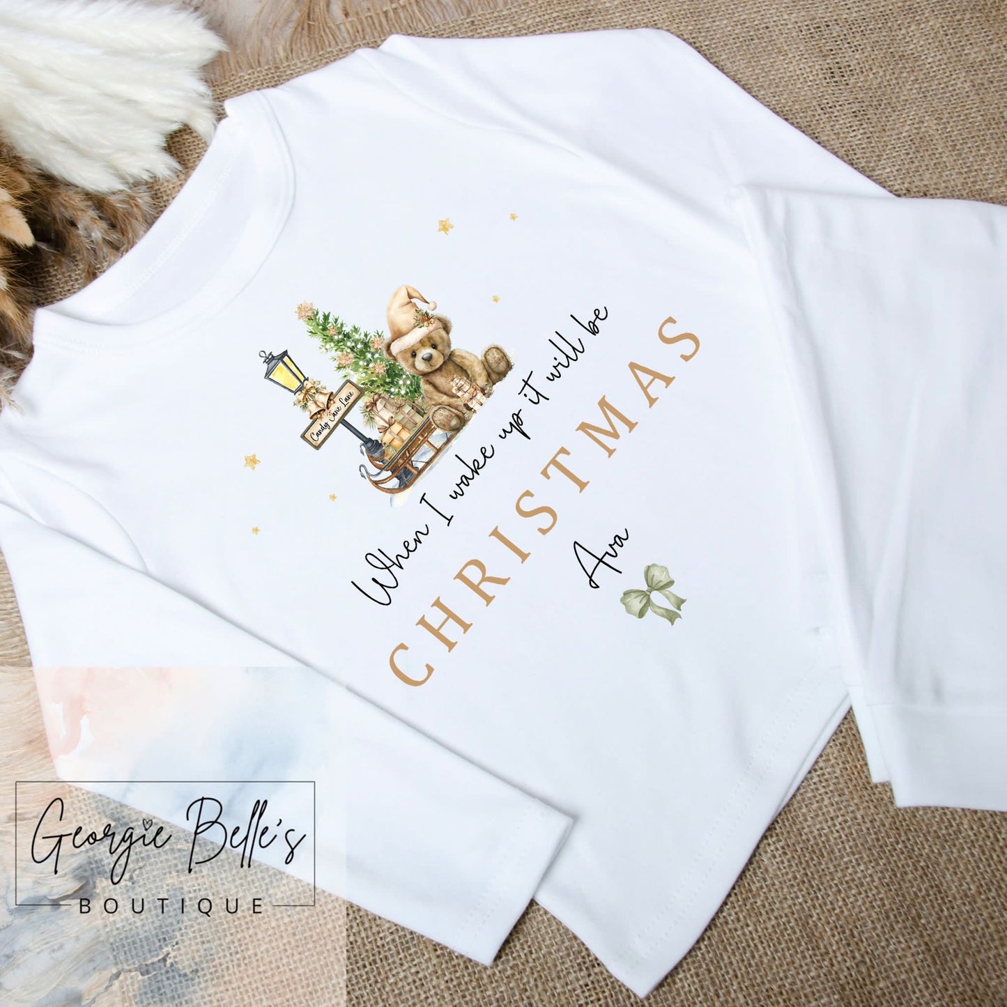 Stone Stripe Sibling Matching Christmas ‘When I wake up it will be Christmas' Personalised Pyjamas