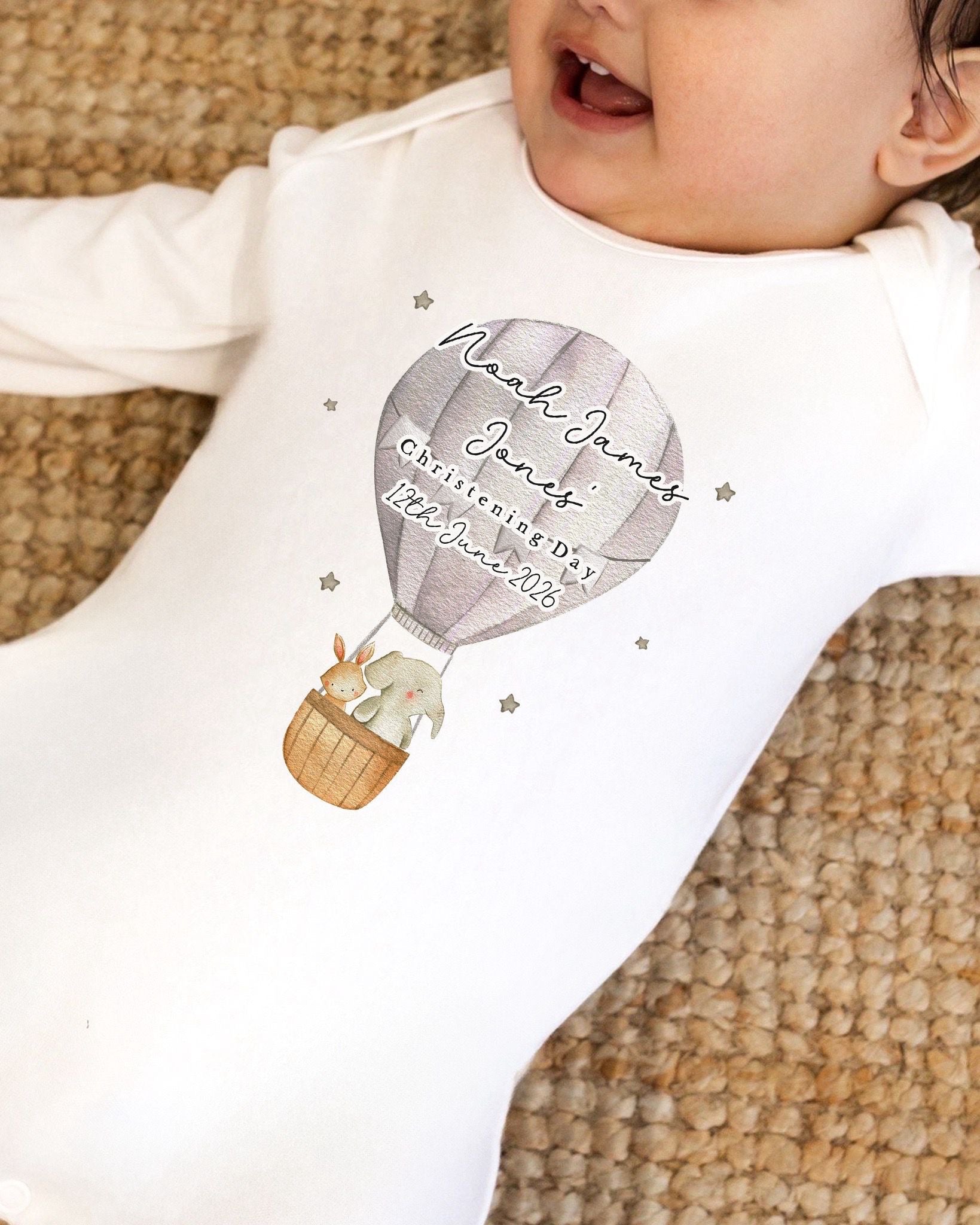 Personalised Christening Babygrow - Grey Hot Air Balloon Design