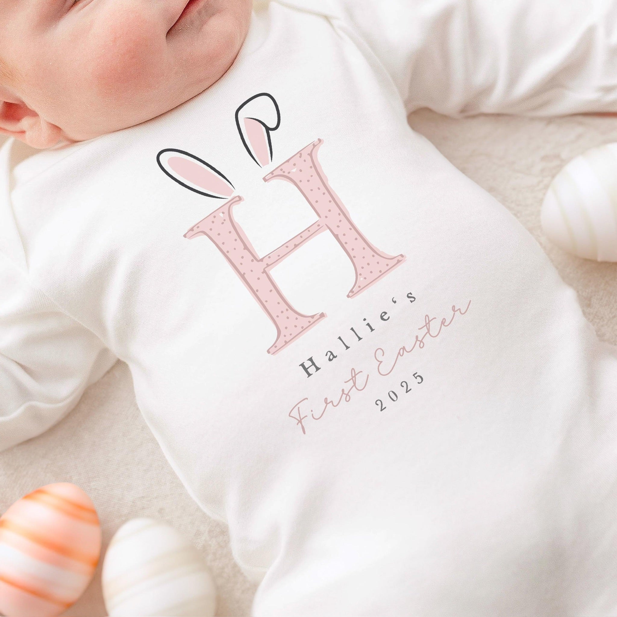 Personalised Easter Baby Vest / Babygrow - Bunny Pink Initial Design