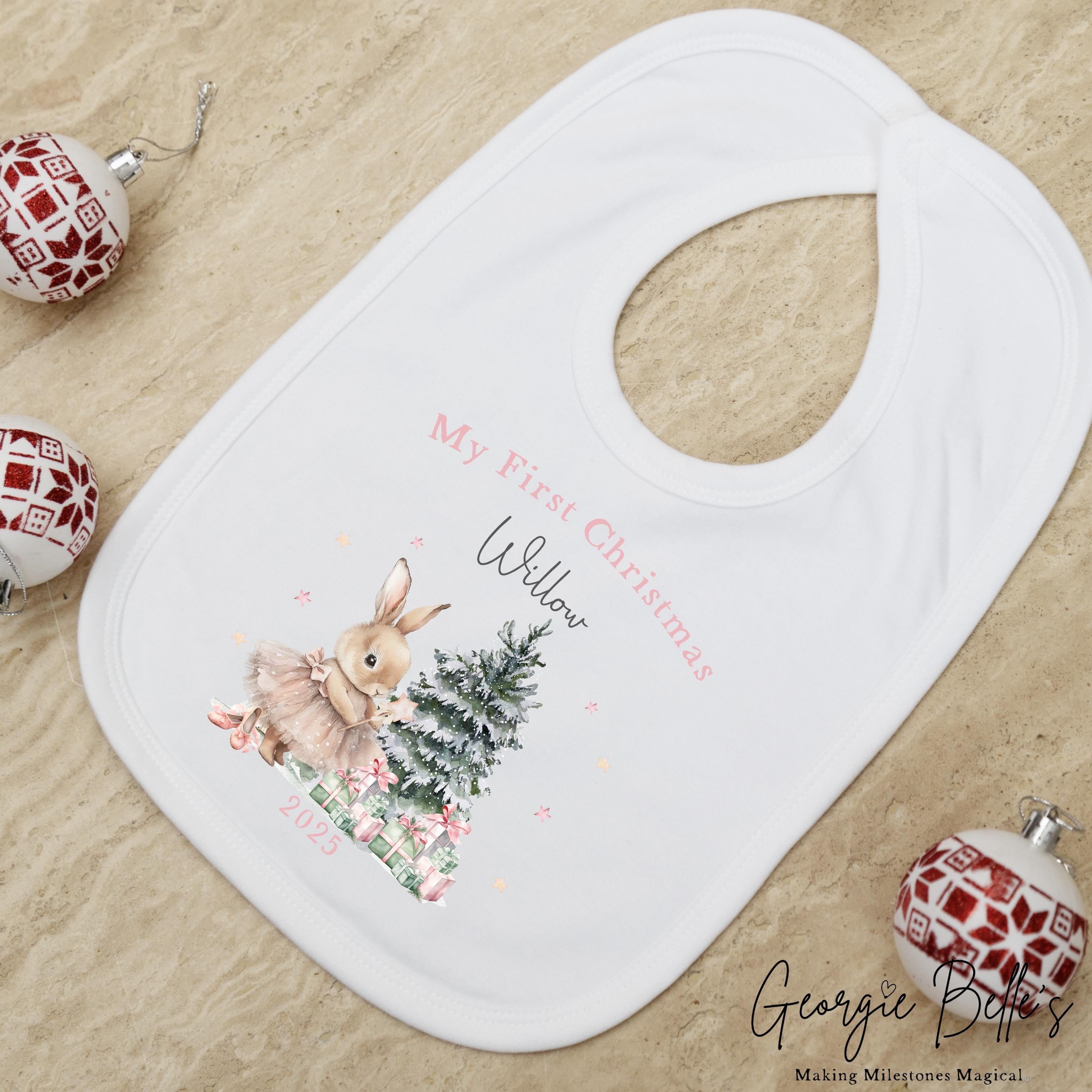 Personalised Christmas Sleepsuit / Bodysuit - First Christmas Pink Bunny Design