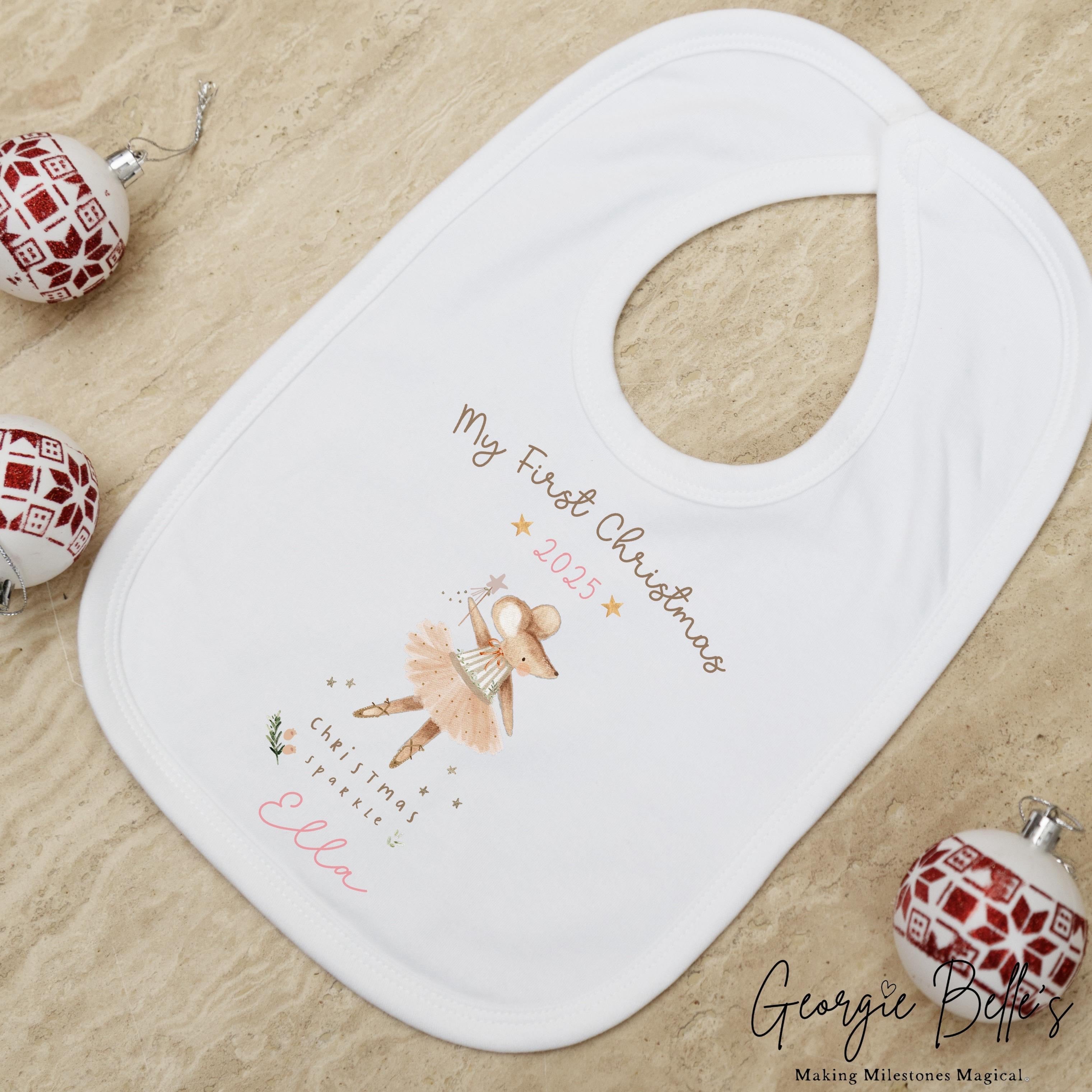Personalised Christmas Sleepsuit / Bodysuit - First Christmas Pink Mouse Design