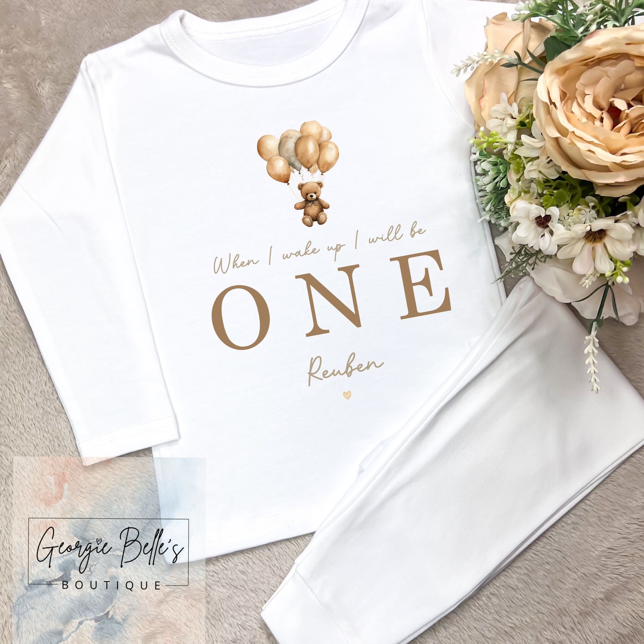 Personalised Birthday Pyjamas - Nude Balloons Teddy Design