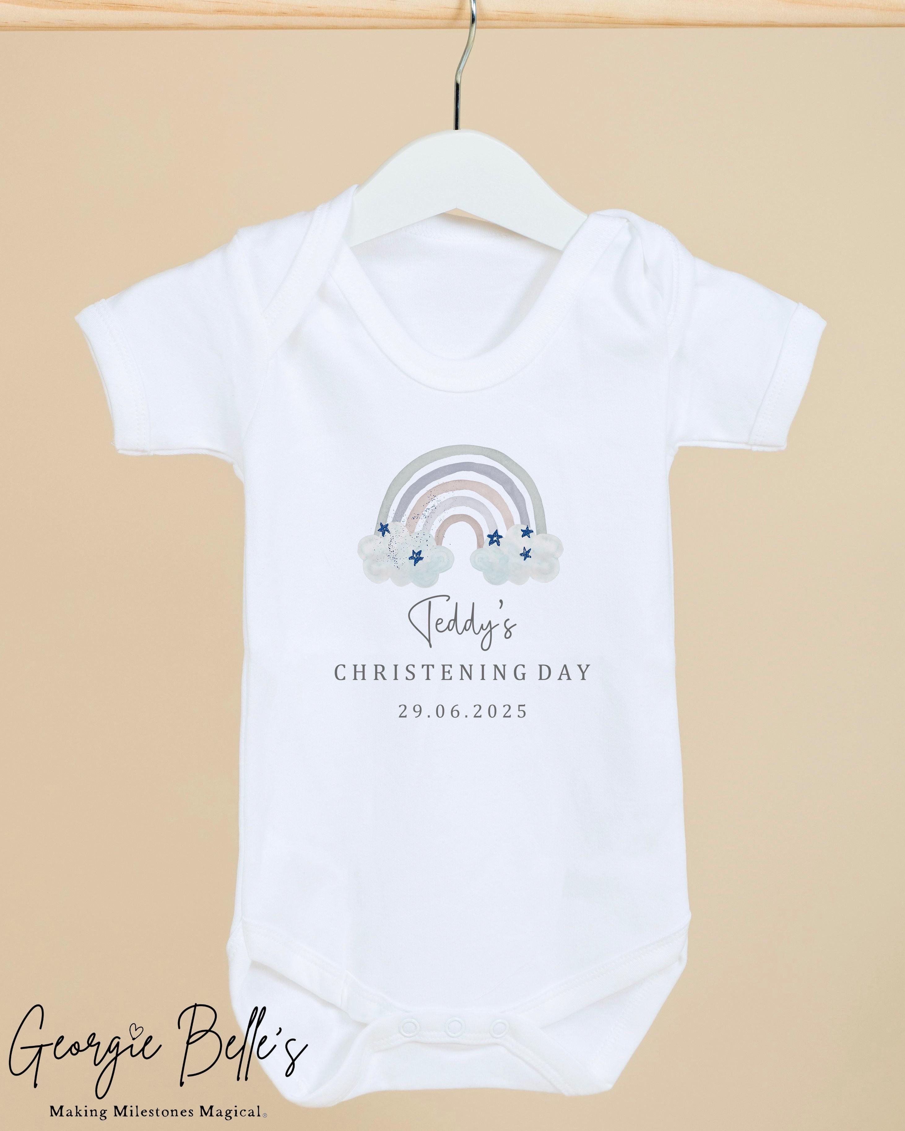 Personalised Christening Babygrow / Vest - Blue Rainbow Design