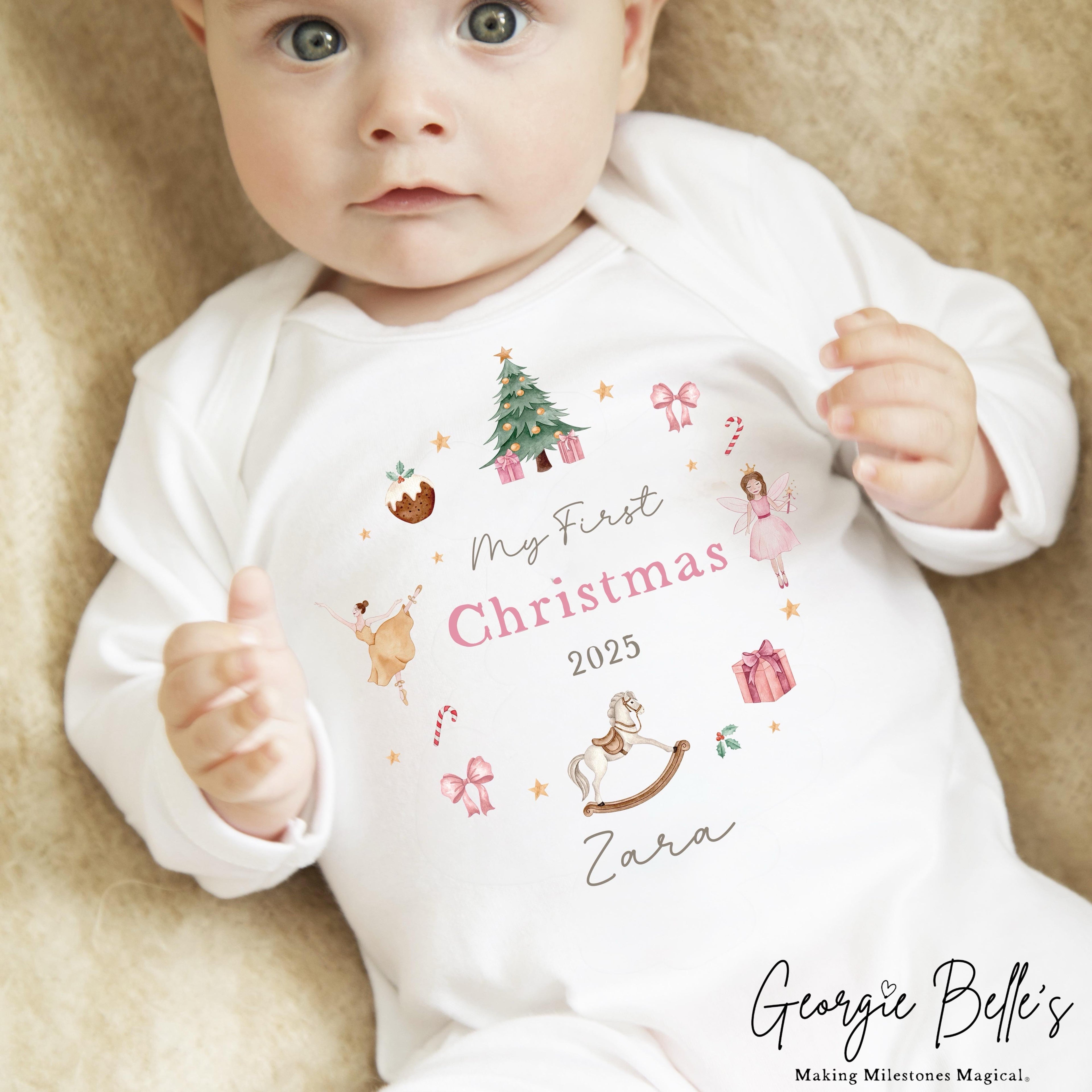 Personalised Christmas Sleepsuit / Bodysuit - First Christmas Pink Nutcracker Wreath Design