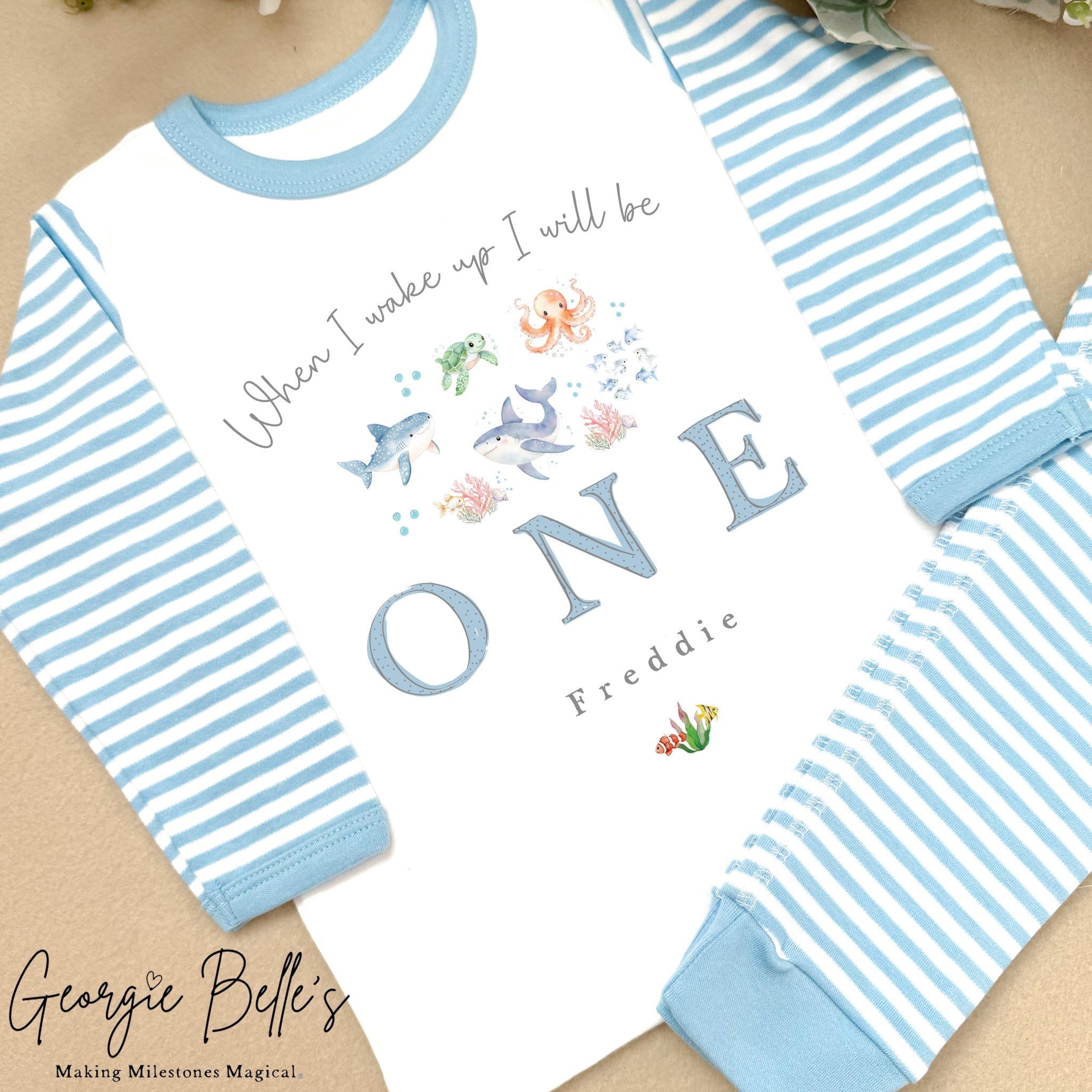 Personalised Blue Stripe Birthday Pyjamas - Blue Under The Sea Design