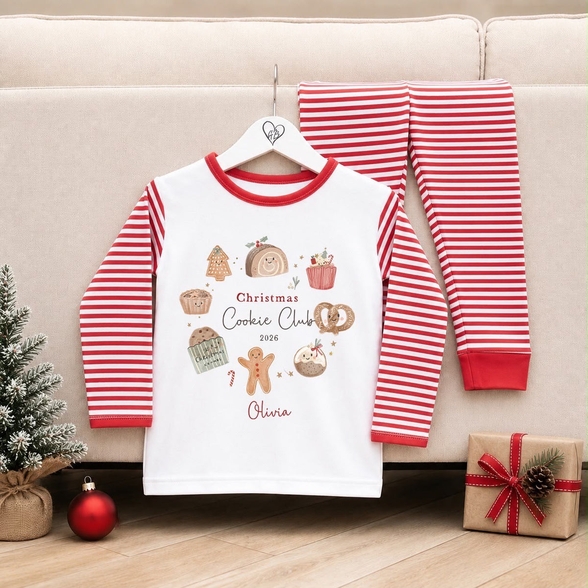 Personalised Christmas Pyjamas for Kids | 100% Cotton Red Stripe | Christmas cookie Club Design