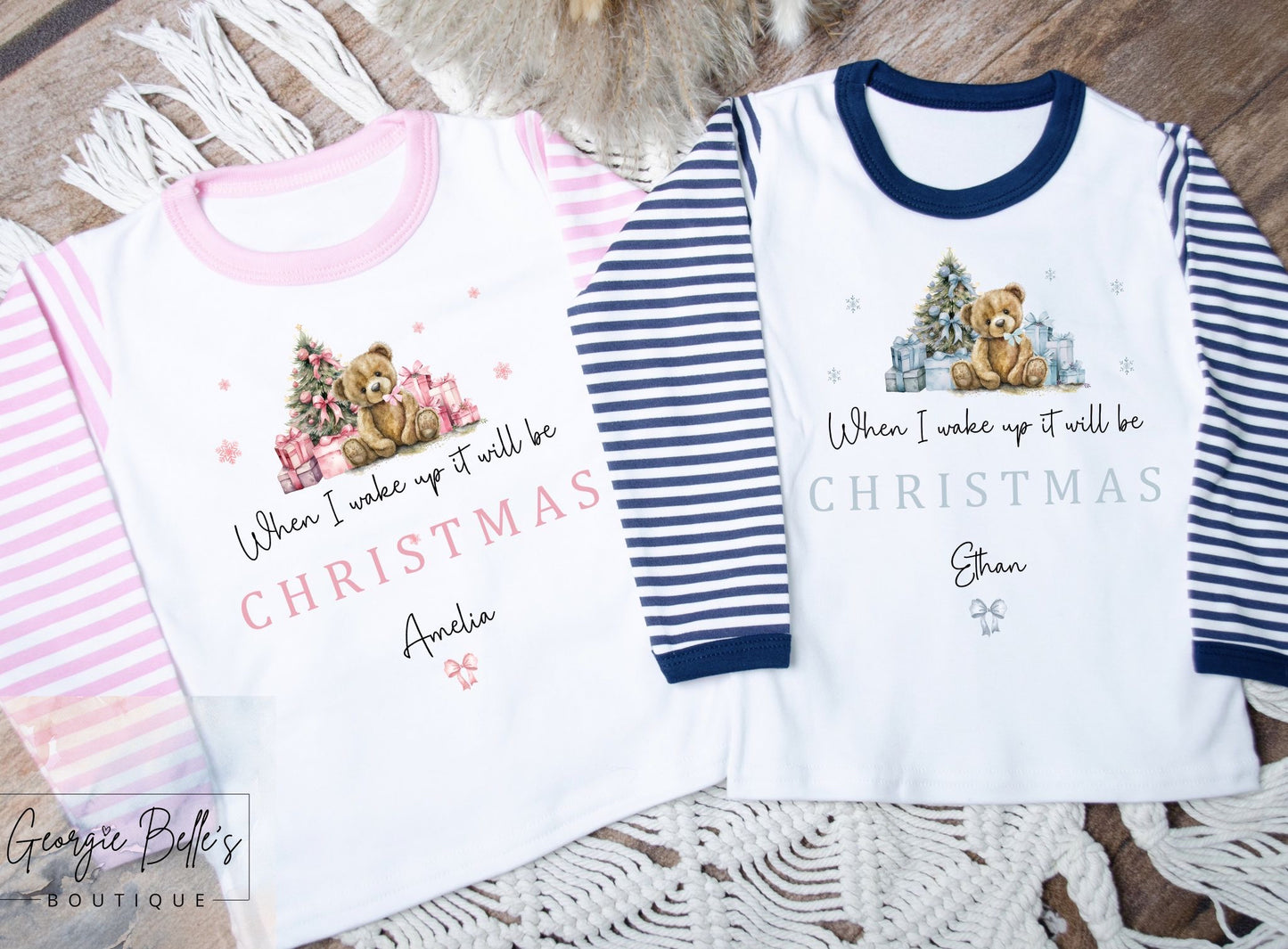Sibling Matching White Teddy Bear Personalised Christmas Pyjamas