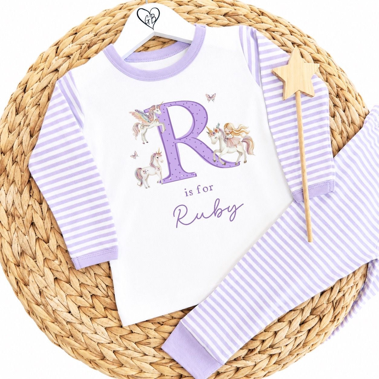 Personalised Girls Gifting Pyjamas Lilac Stripe - Unicorn Initial Design