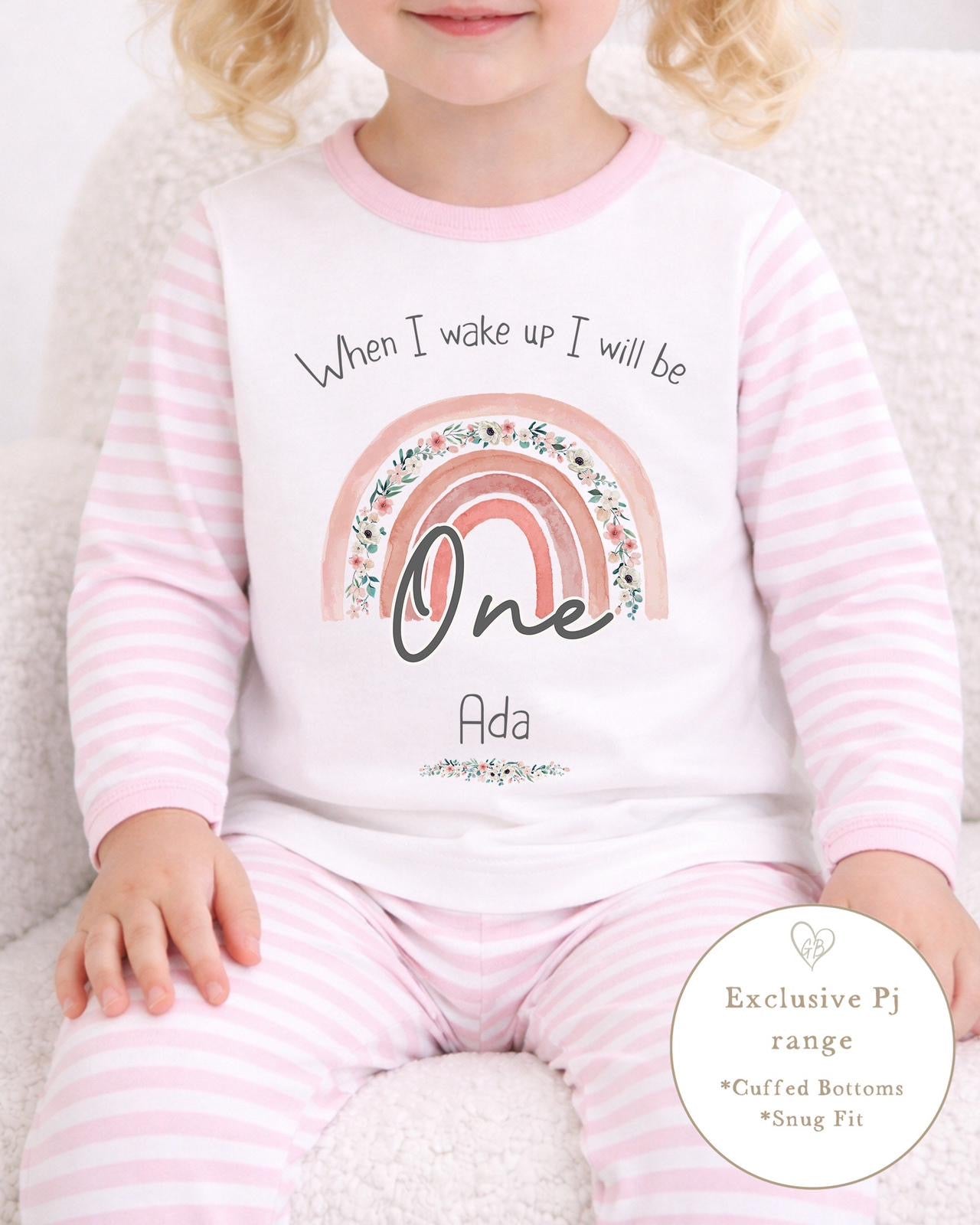 Personalised Pink Stripe Birthday Pyjamas - Rainbow Design