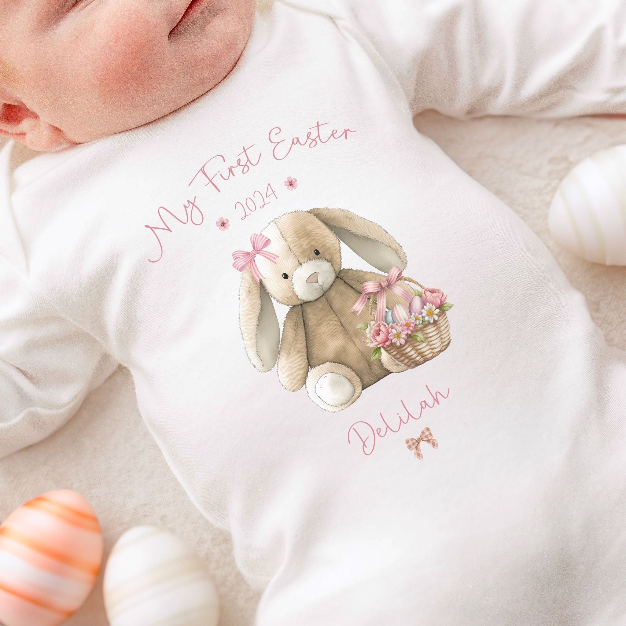 Personalised Easter Baby Vest / Babygrow - First Easter Pink Bunny Design