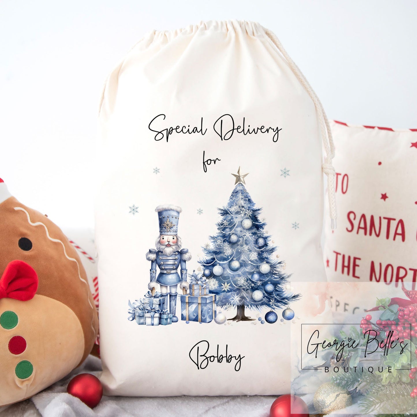 Luxury Personalised Premium Cotton Christmas Sack - Blue Nutcracker Design