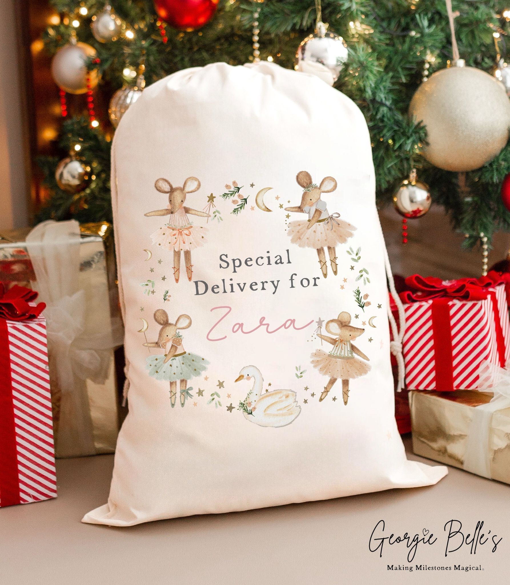 Personalised Luxury Premium Cotton Christmas Sack - Christmas Pink Mice Wreath Design