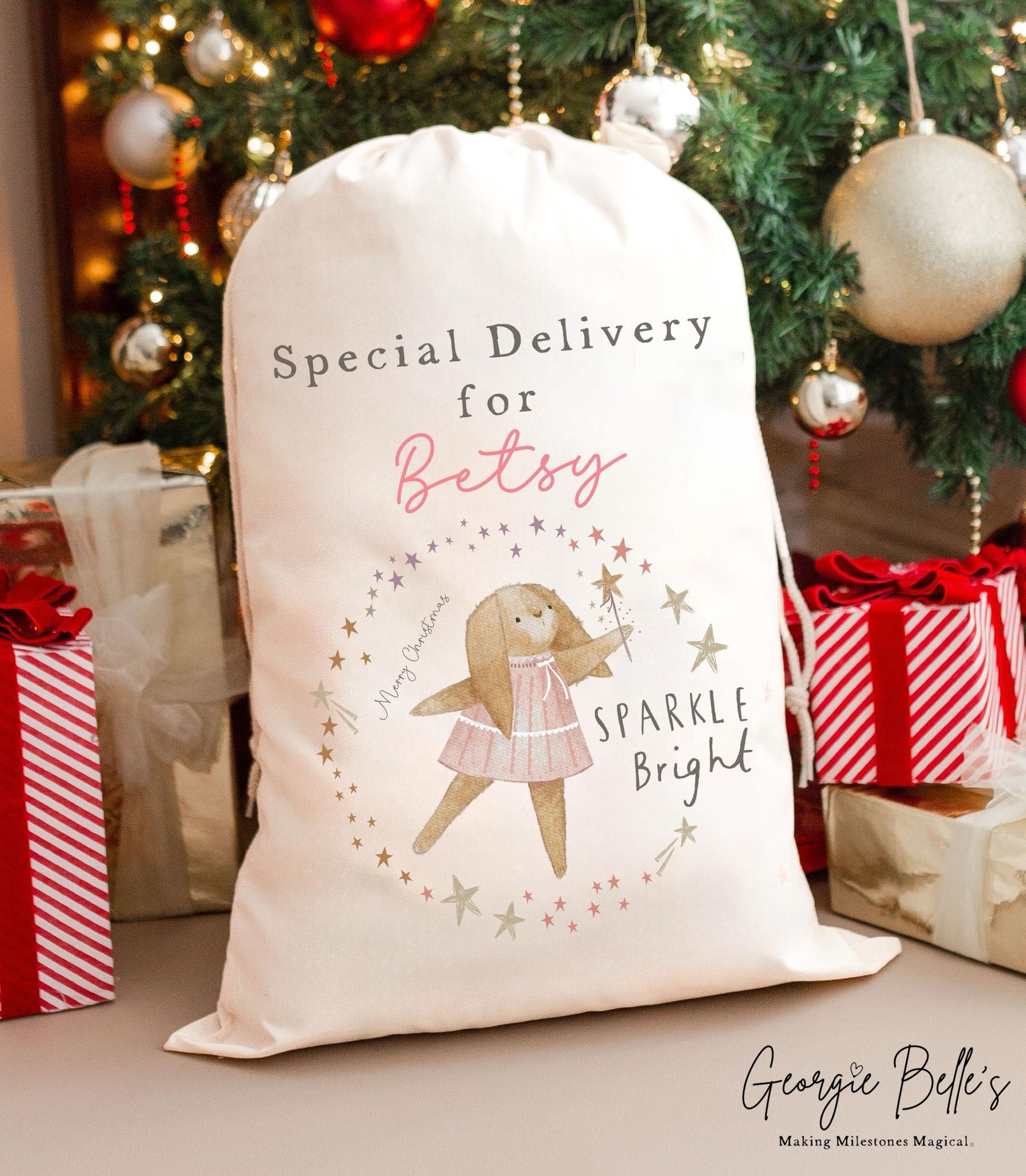 Personalised Luxury Premium Cotton Christmas Sack - Christmas Sparkle Bright Wreath Design