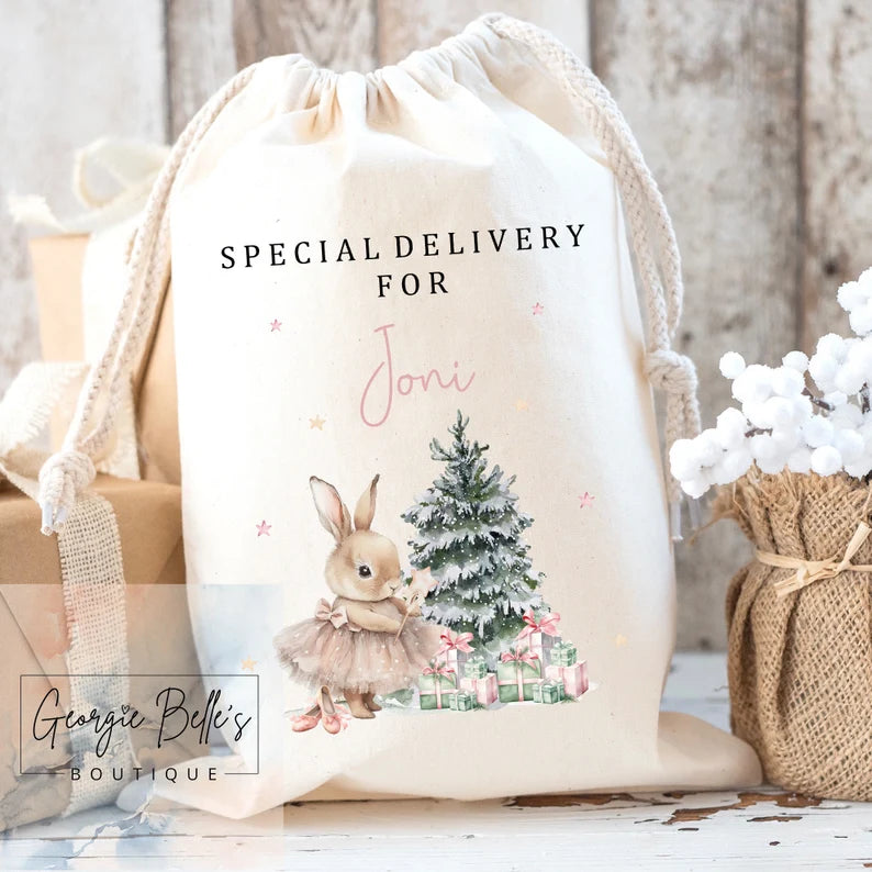 Personalised Luxury Premium Cotton Christmas Sack - Pink Bunny Design