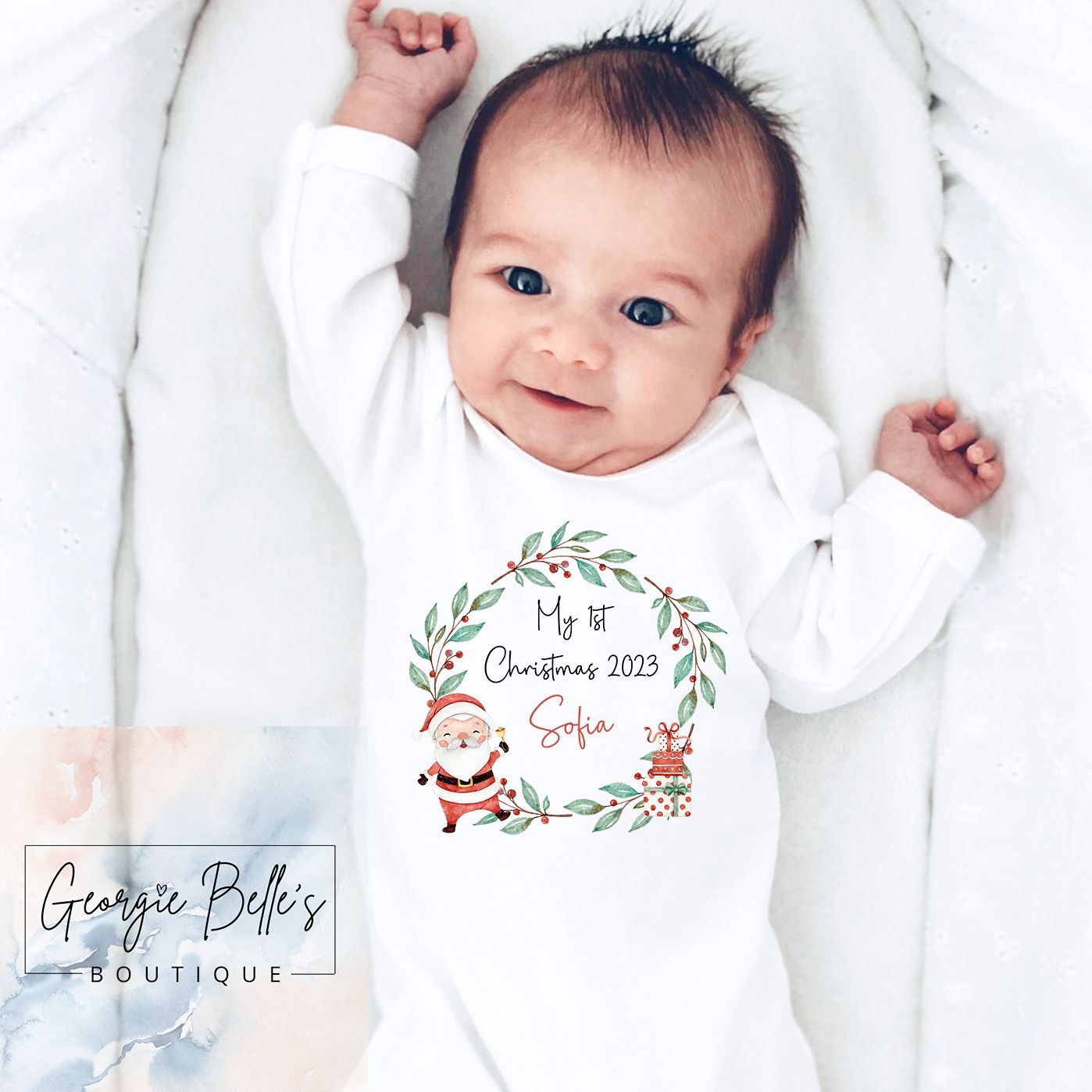 My 1st Christmas Vest / Babygrow - Santa Wreath Design