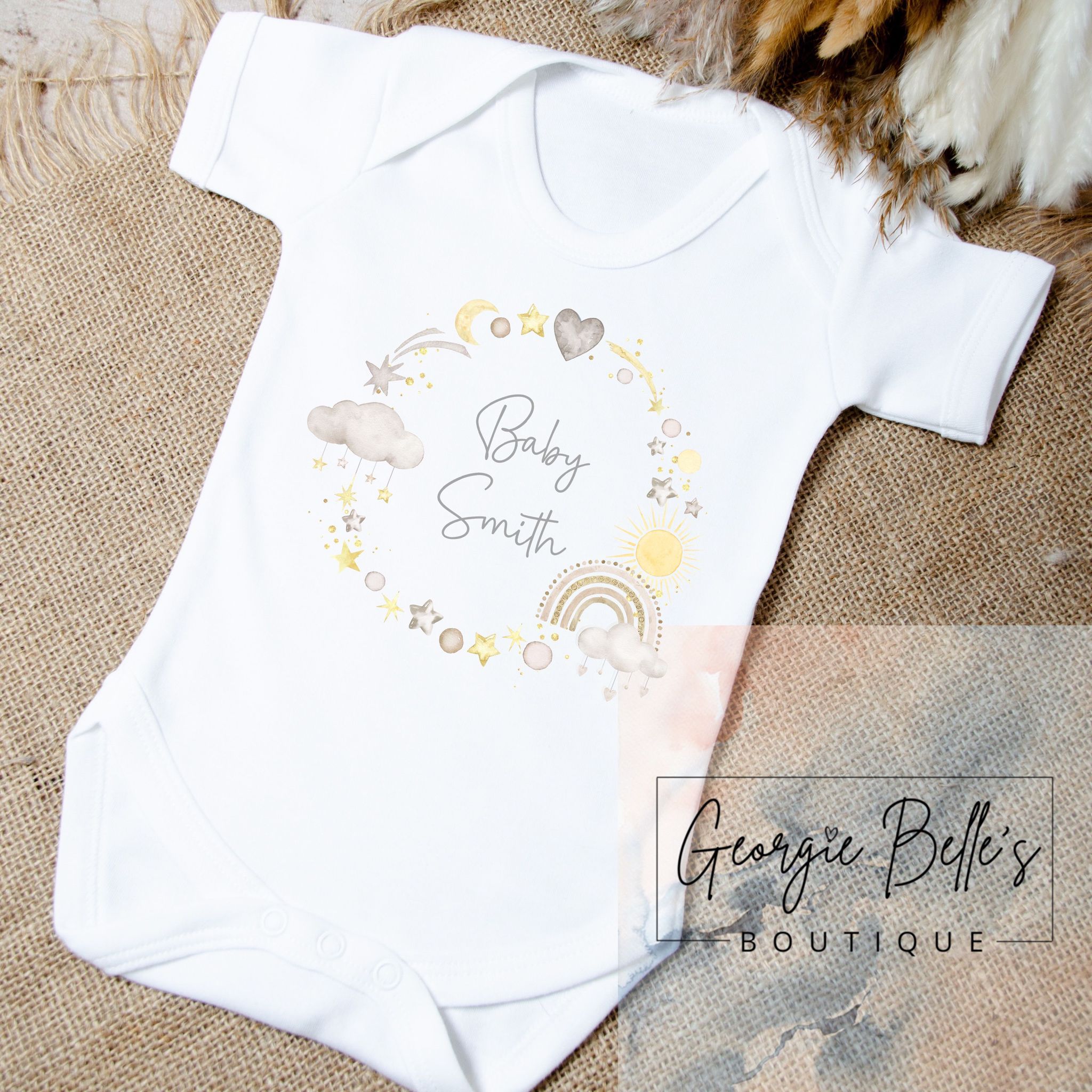 Personalised Announcement Vest / Babygrow - Lemon/ Nude Wreath Design