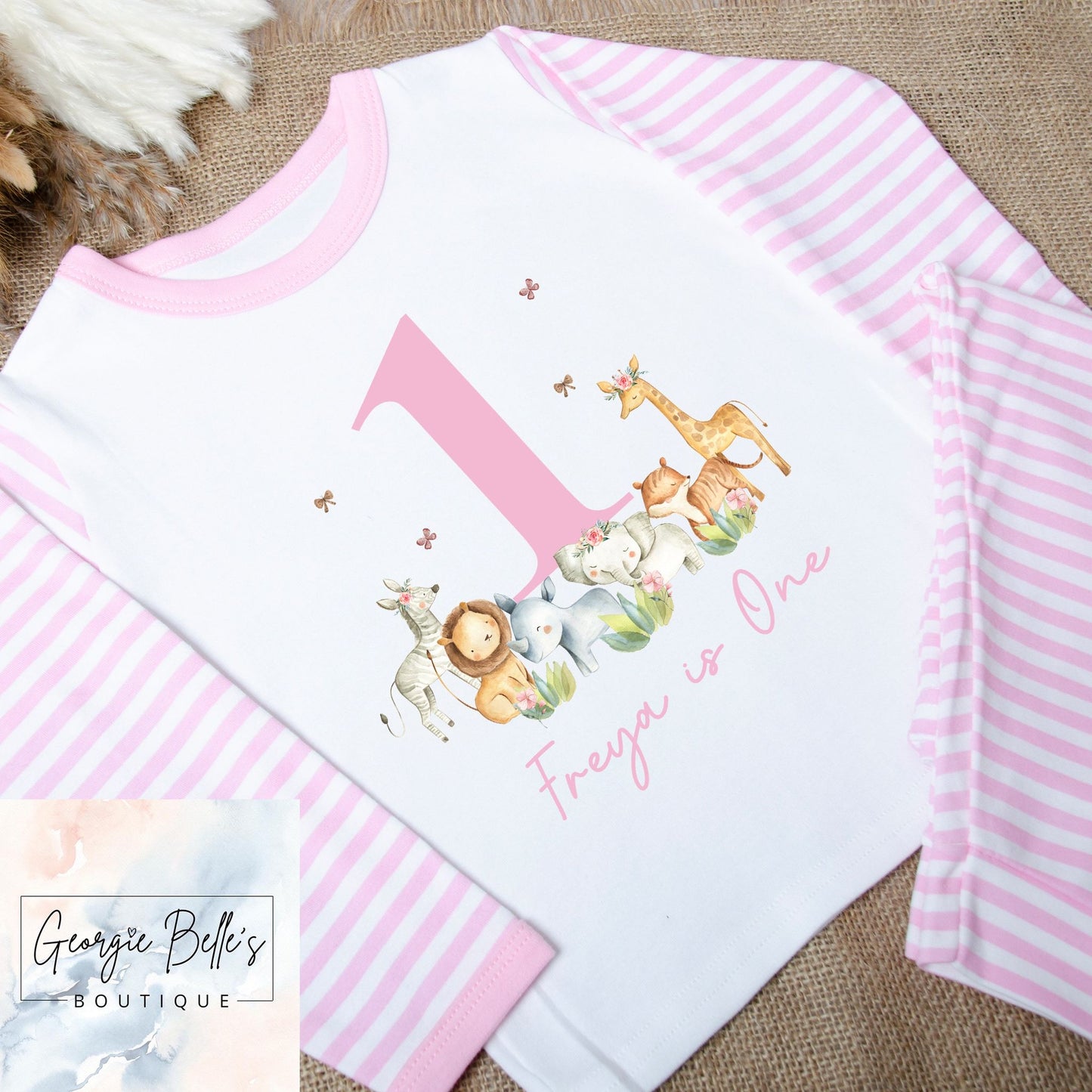 Personalised Birthday Pyjamas -Pink ‘Is One’ Safari Design